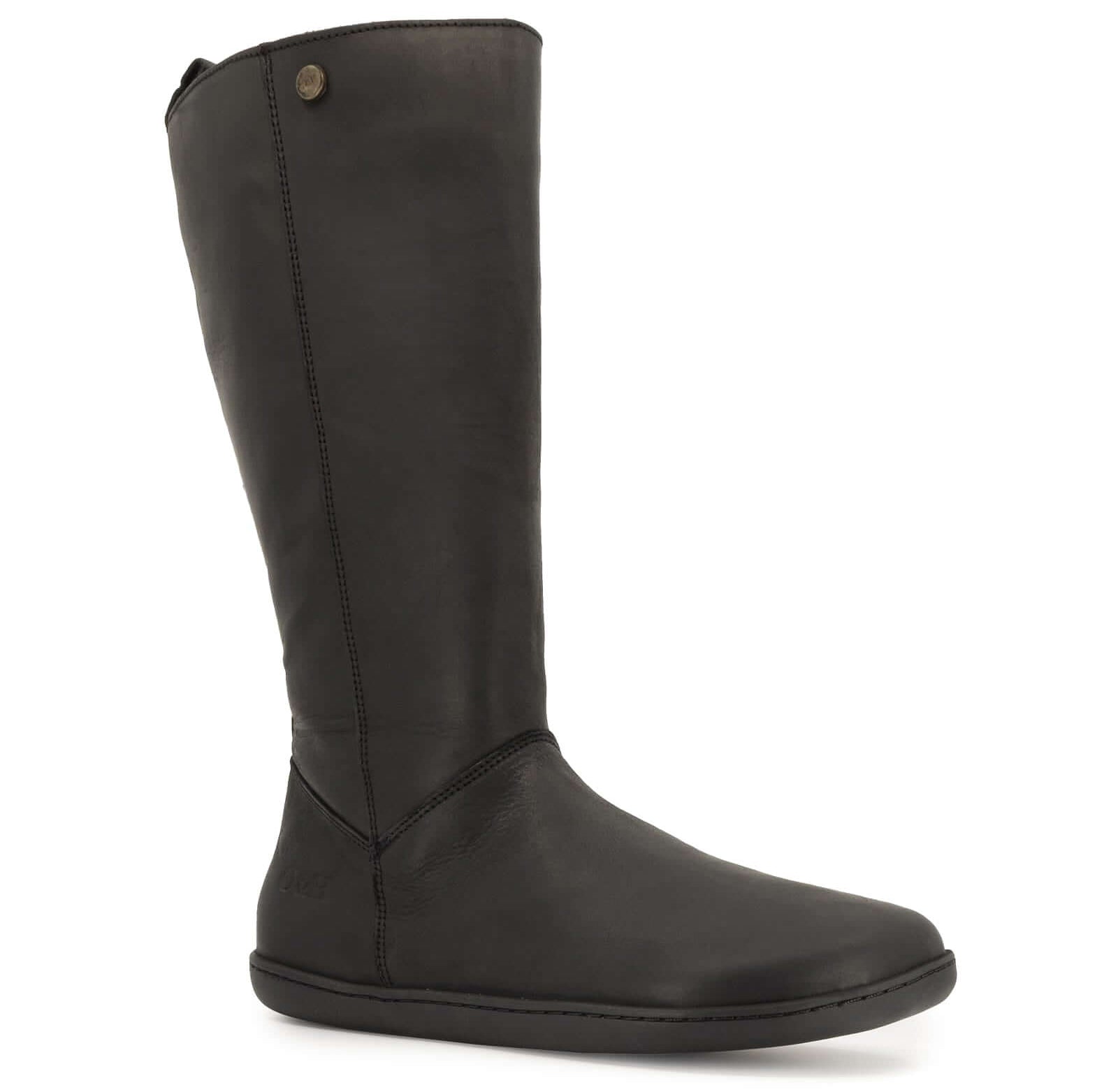 front view of black barefoot boots showing leather upper on white background