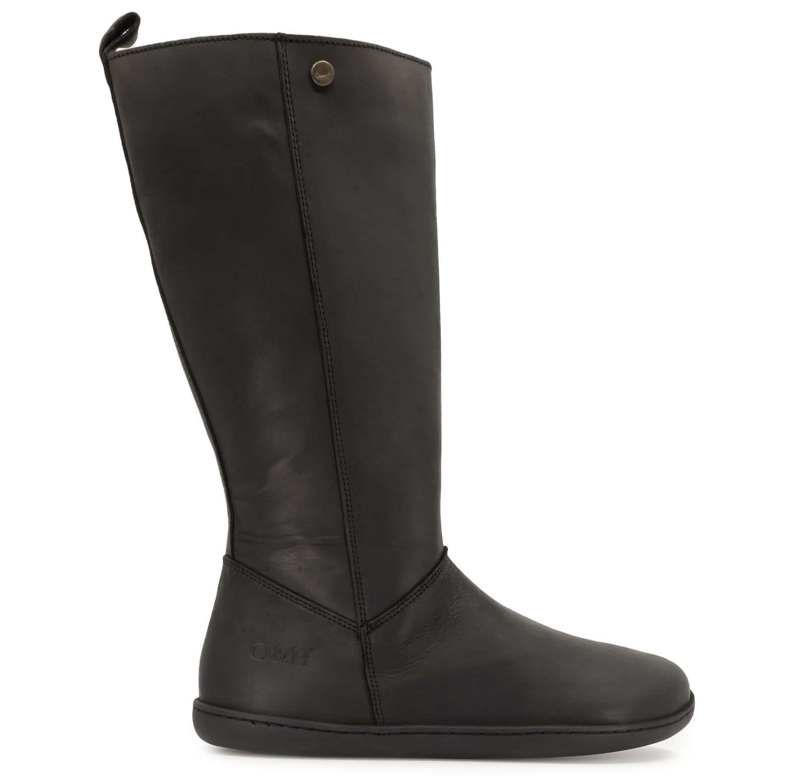 side view of tall black barefoot boot on white background