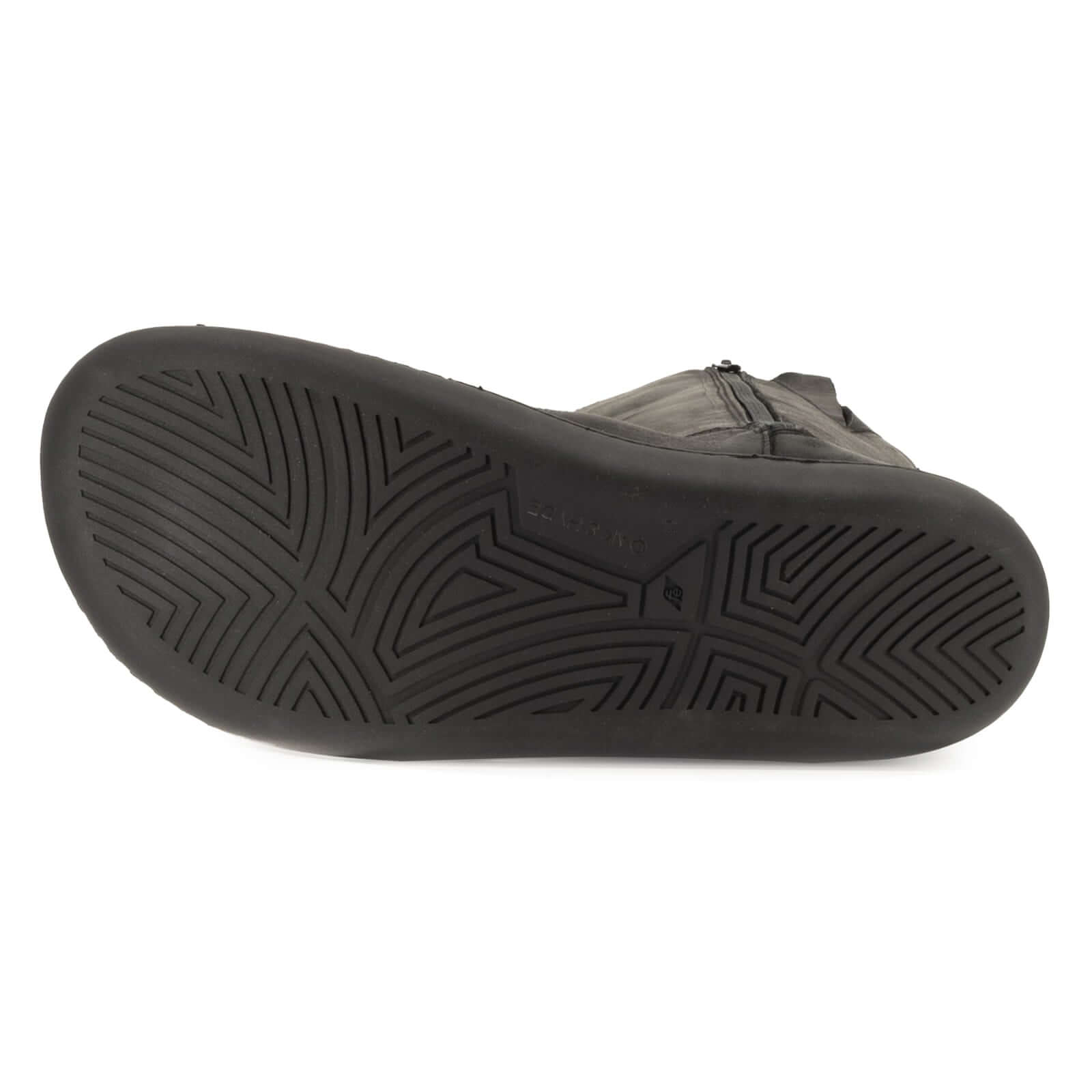 Zero drop outsole in black on black barefoot boots with a white background