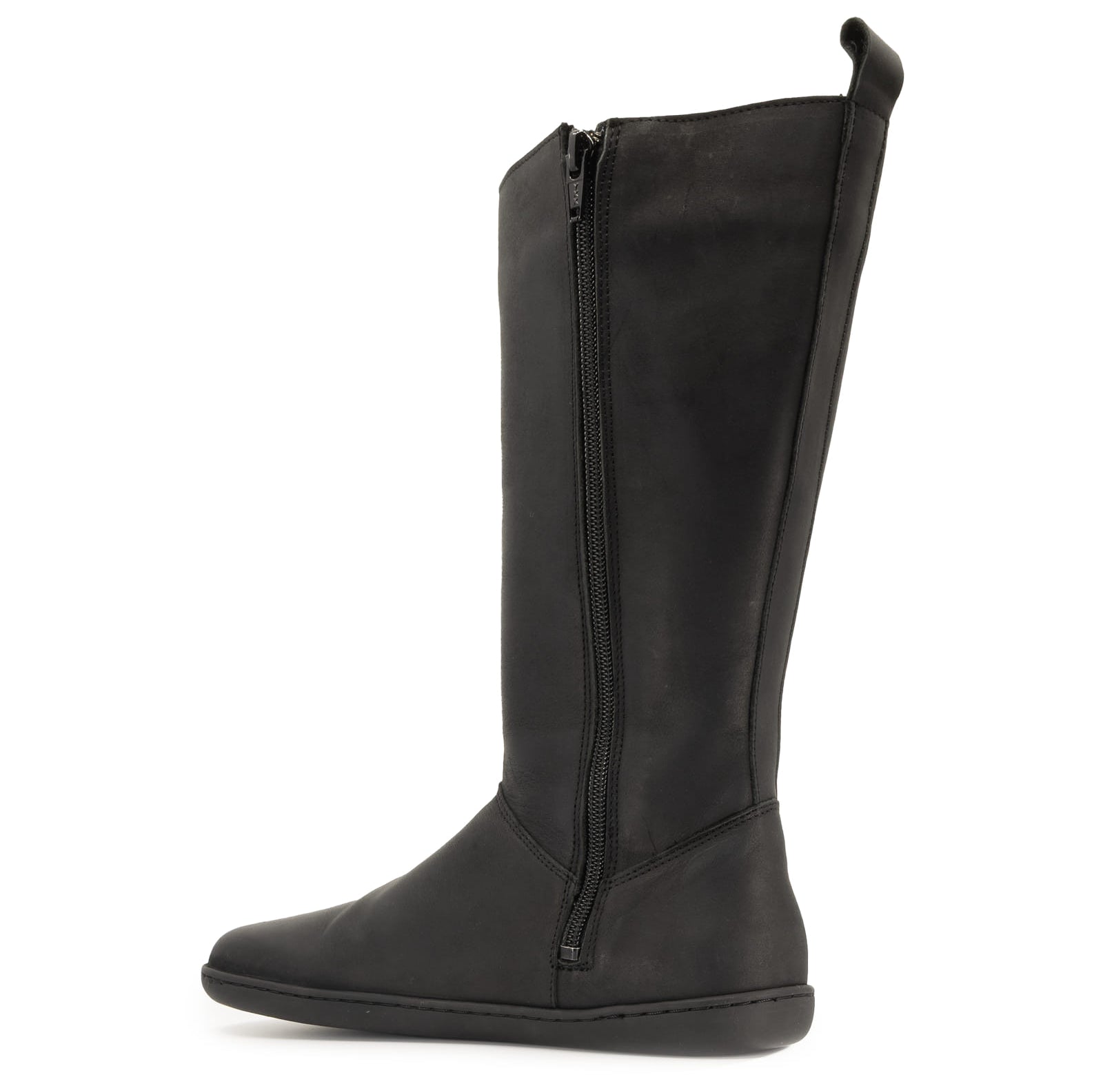 inside zip on black barefoot boots showing pull tab on white background