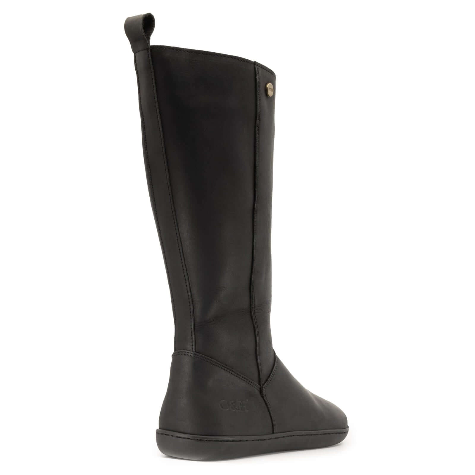view of heel of black barefoot boots showing O&H logo and heel pull tab