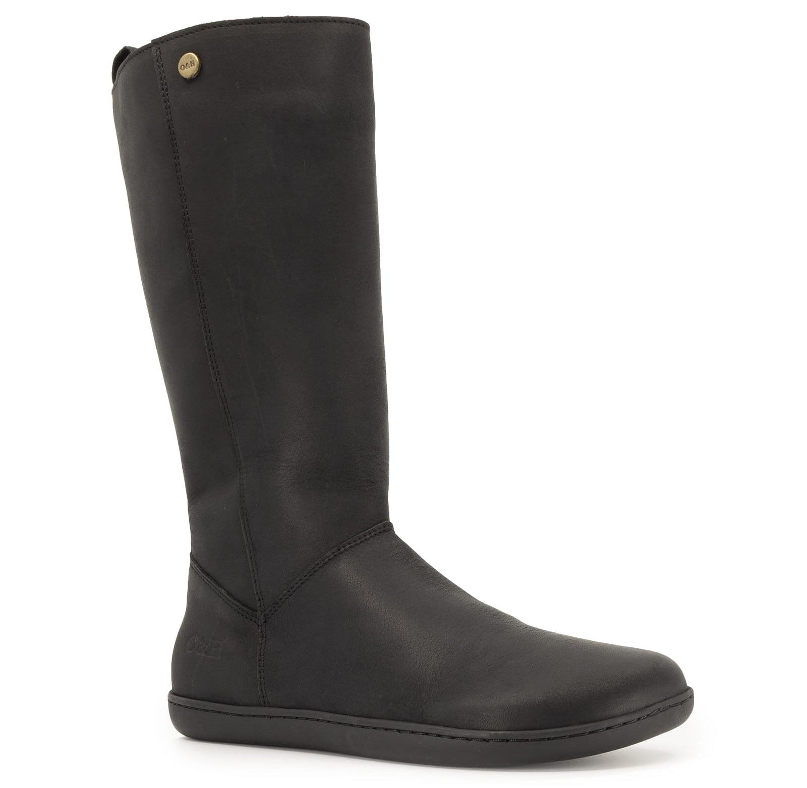 angled side view of black barefoot boots with leather upper on white background