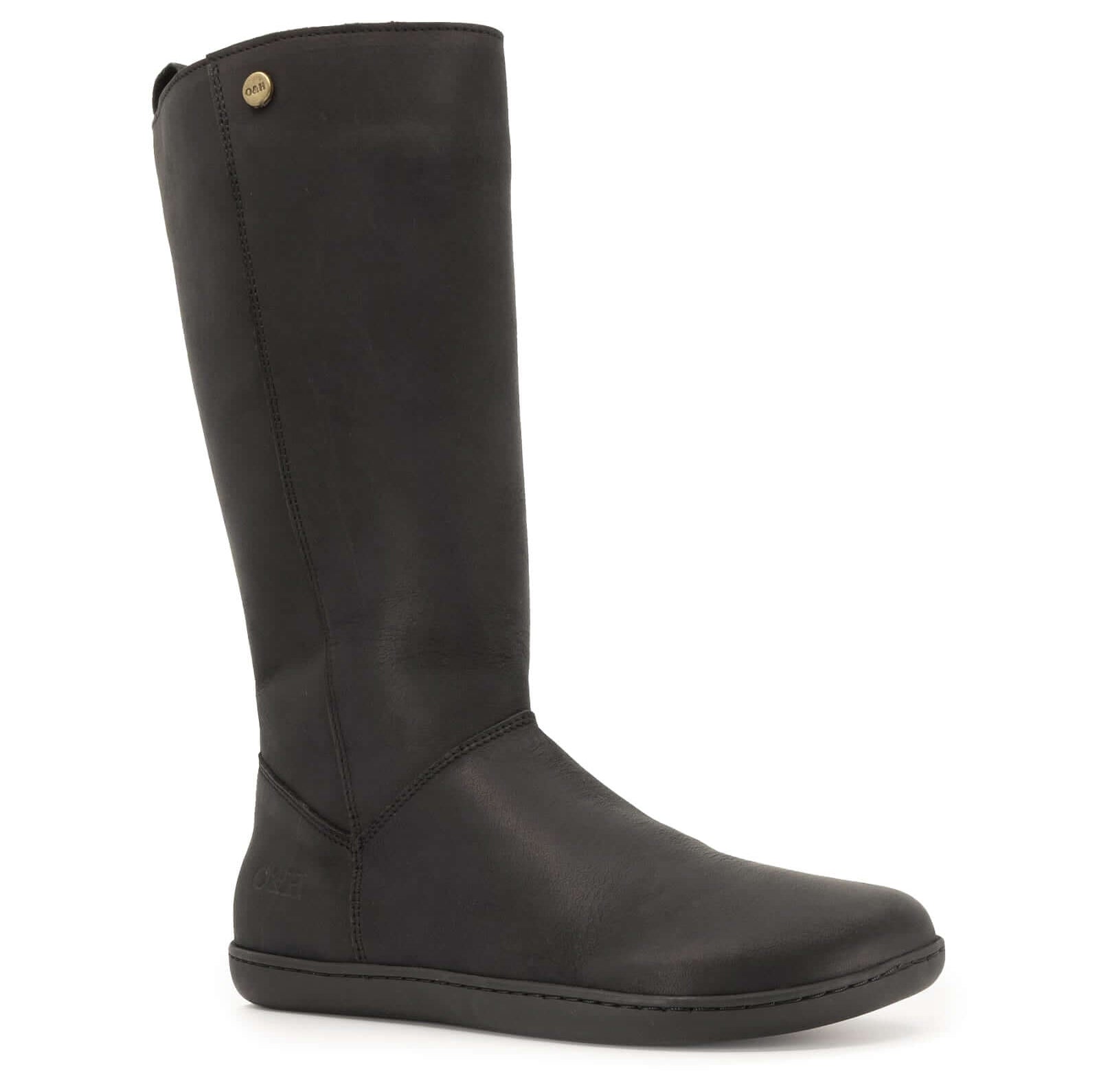 angled side view of black barefoot boots with leather upper on white background