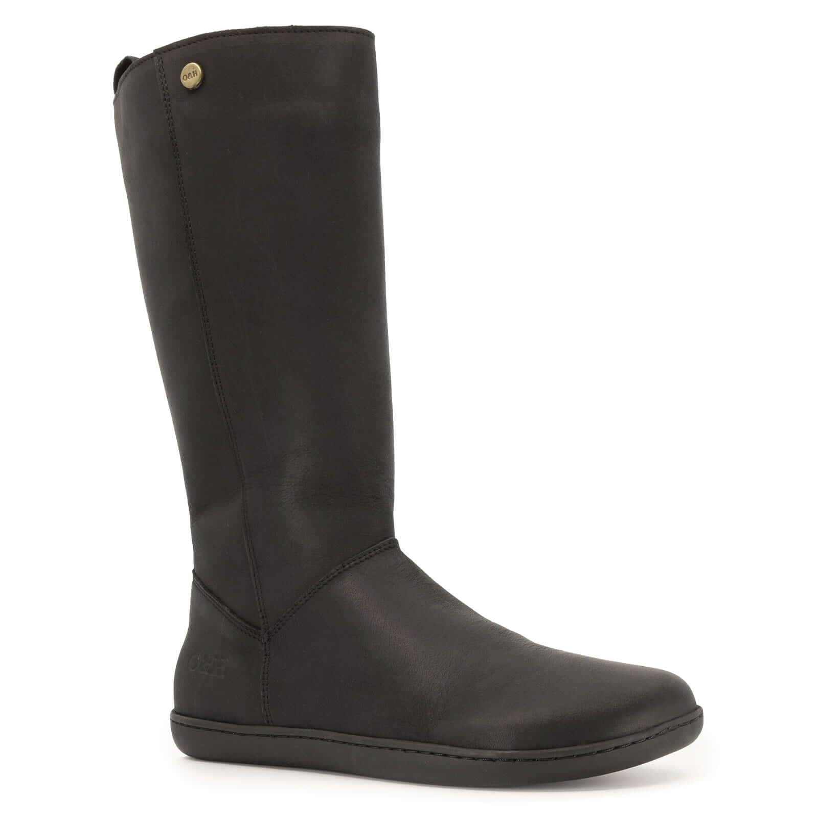 angled side view of black barefoot boots with leather upper on white background