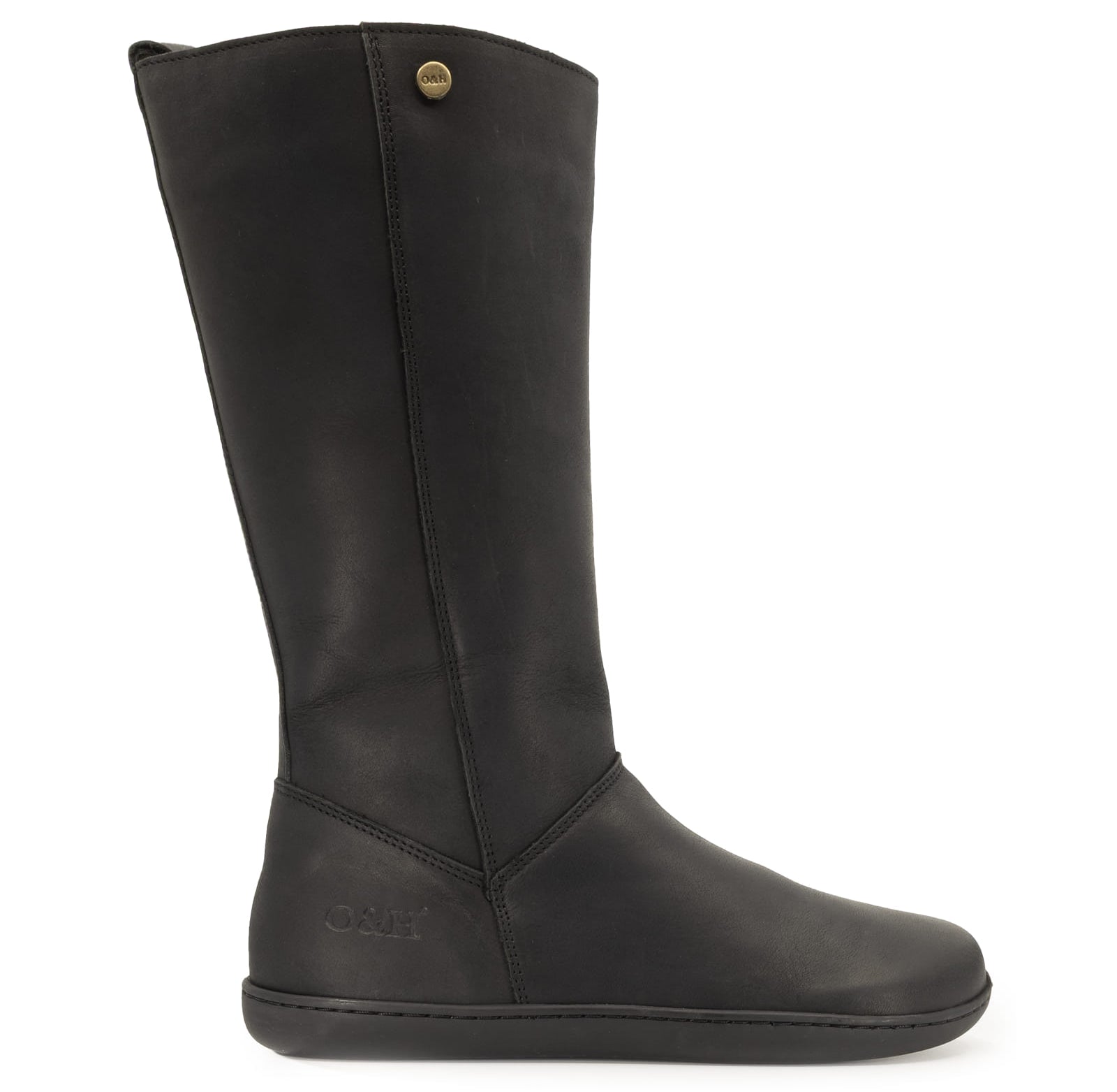 black barefoot boots side on view showing O&H logo and brass pin on white background