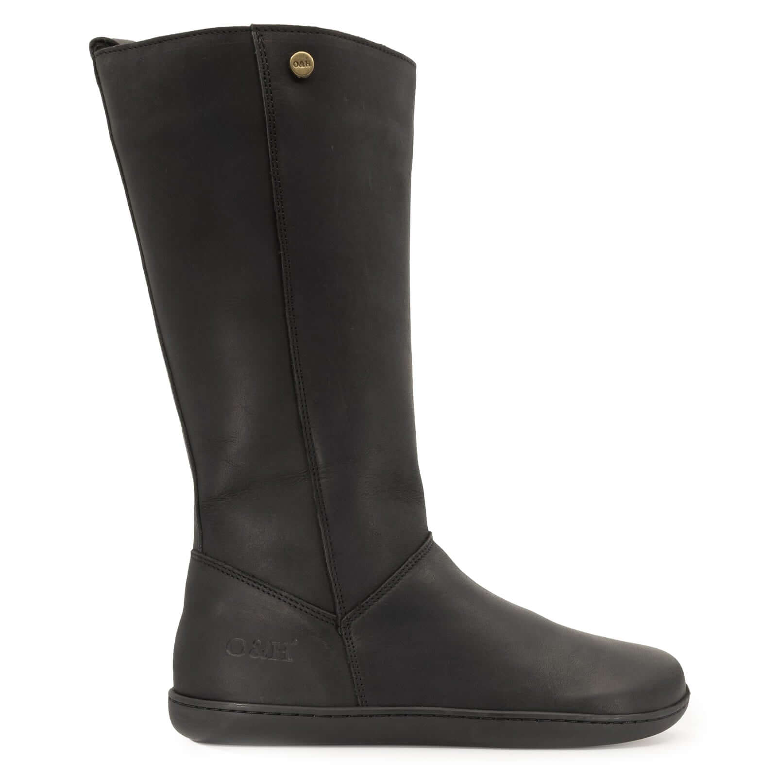 black barefoot boots side on view showing O&H logo and brass pin on white background