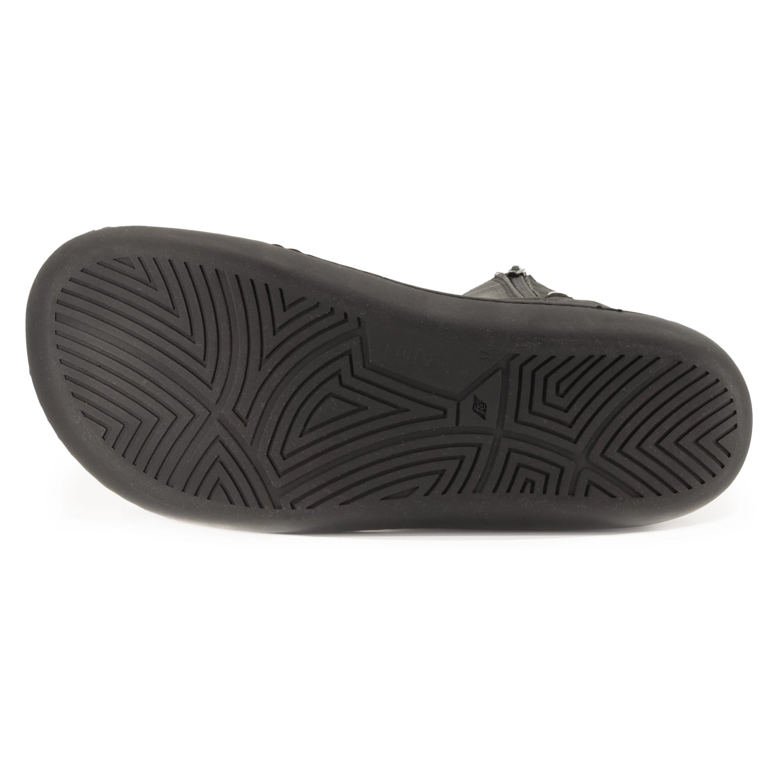 zero drop outsole of black barefoot boots on a white background
