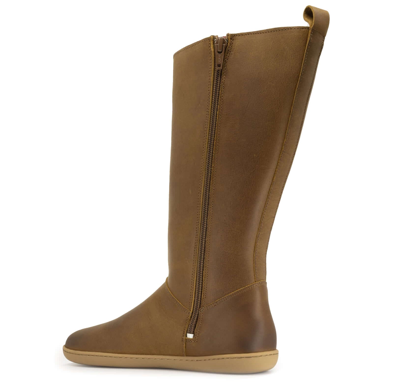 tan barefoot boots with inside zip and heel pull tab detail on white background