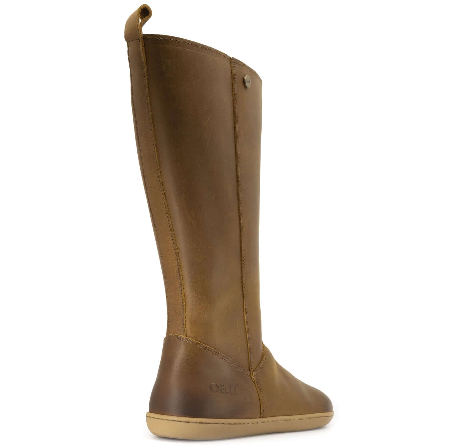 mid calf tan brown barefoot boots showing leather panel detailing on white background