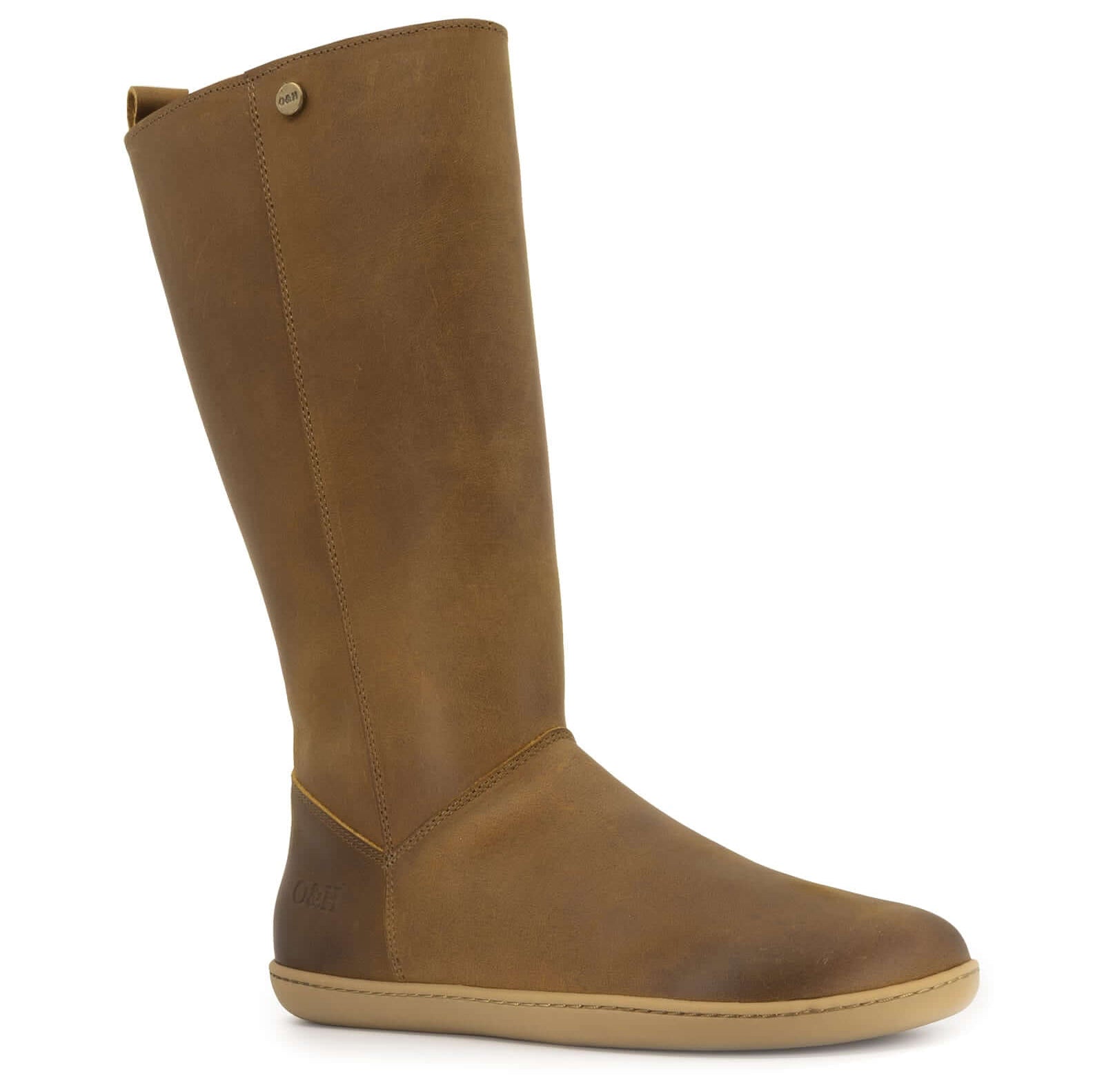 angled view of brown leather barefoot boots showing upper details and gum outsole