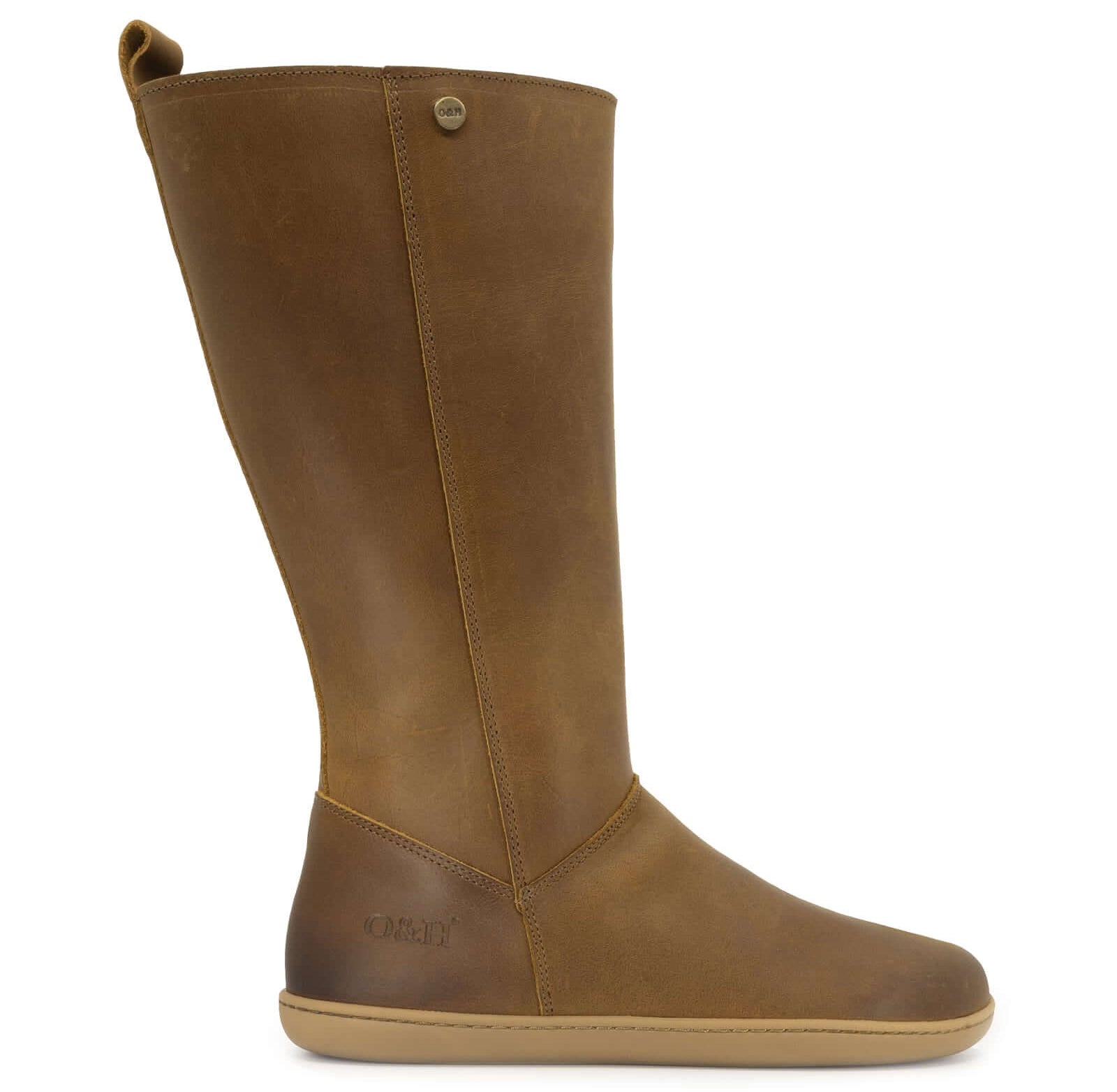 tan leather barefoot boots showing heel logo and brass pin detail on white background