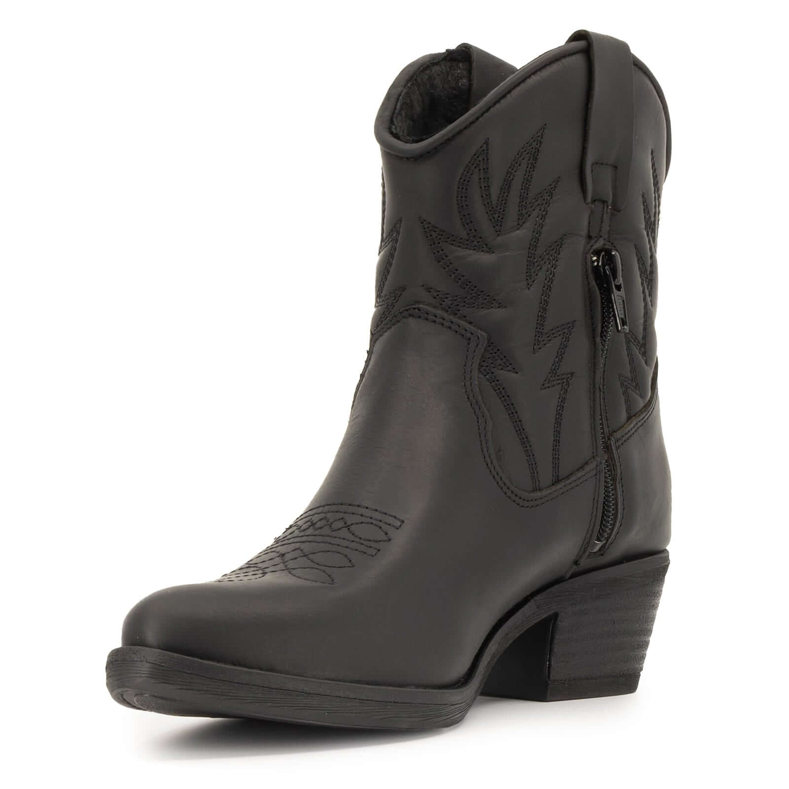 black cowboy boots with inside zip and heel on white background