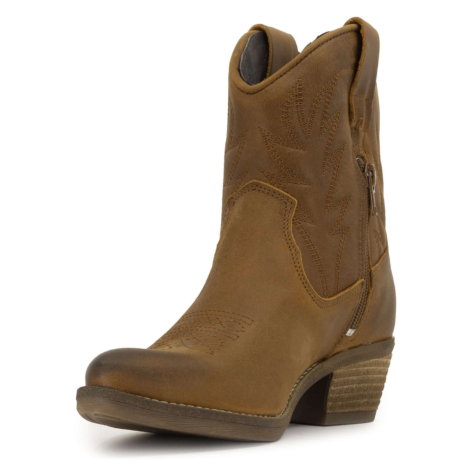 front on view of texan ankle boots in tan showing toe and front of boots