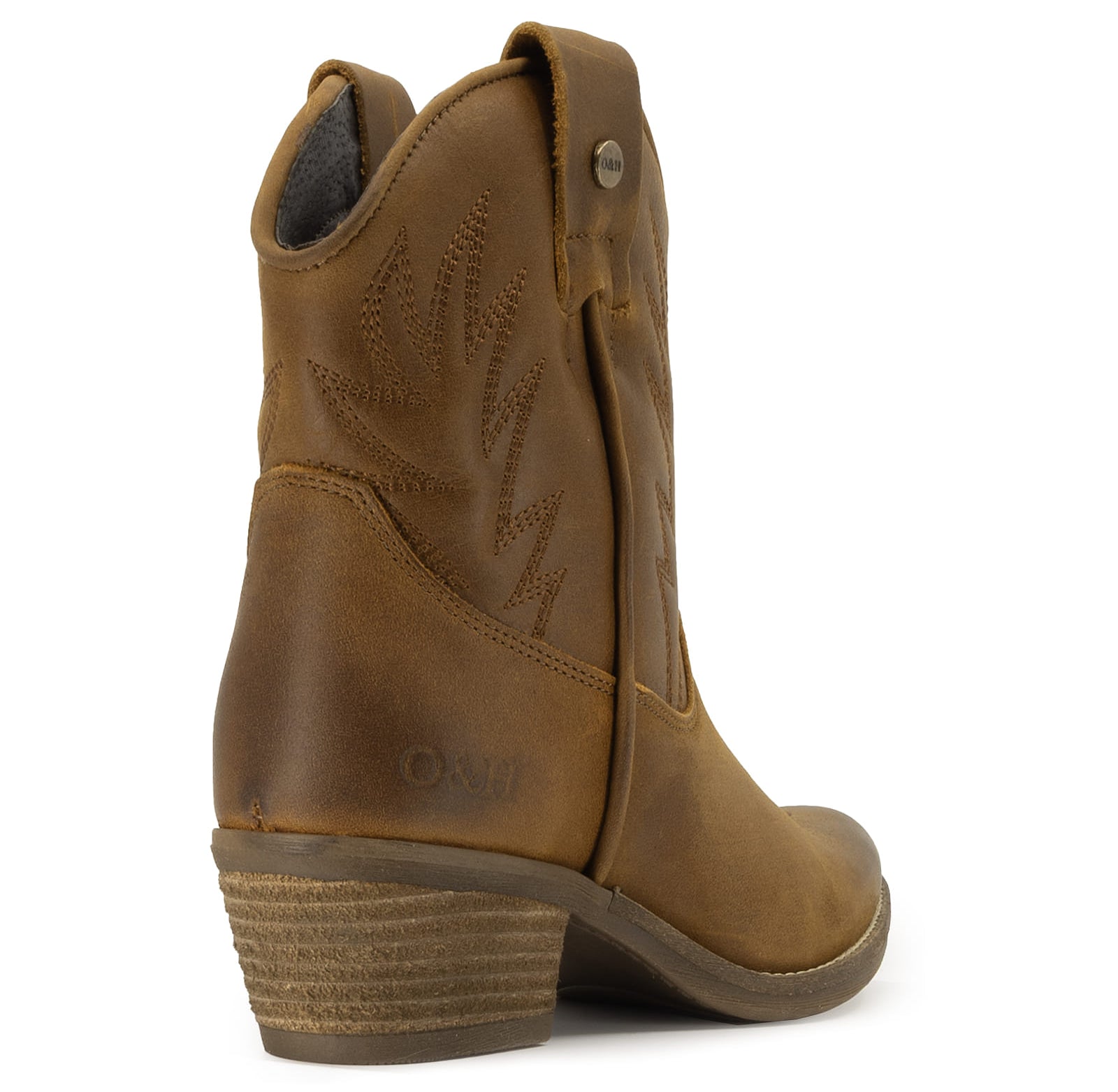 view of texan ankle boots from the back of the boot showing the branding and heel