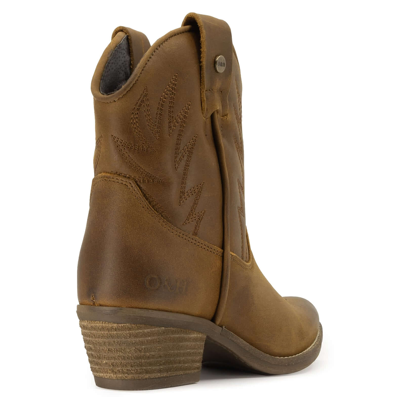 view of texan ankle boots from the back of the boot showing the branding and heel