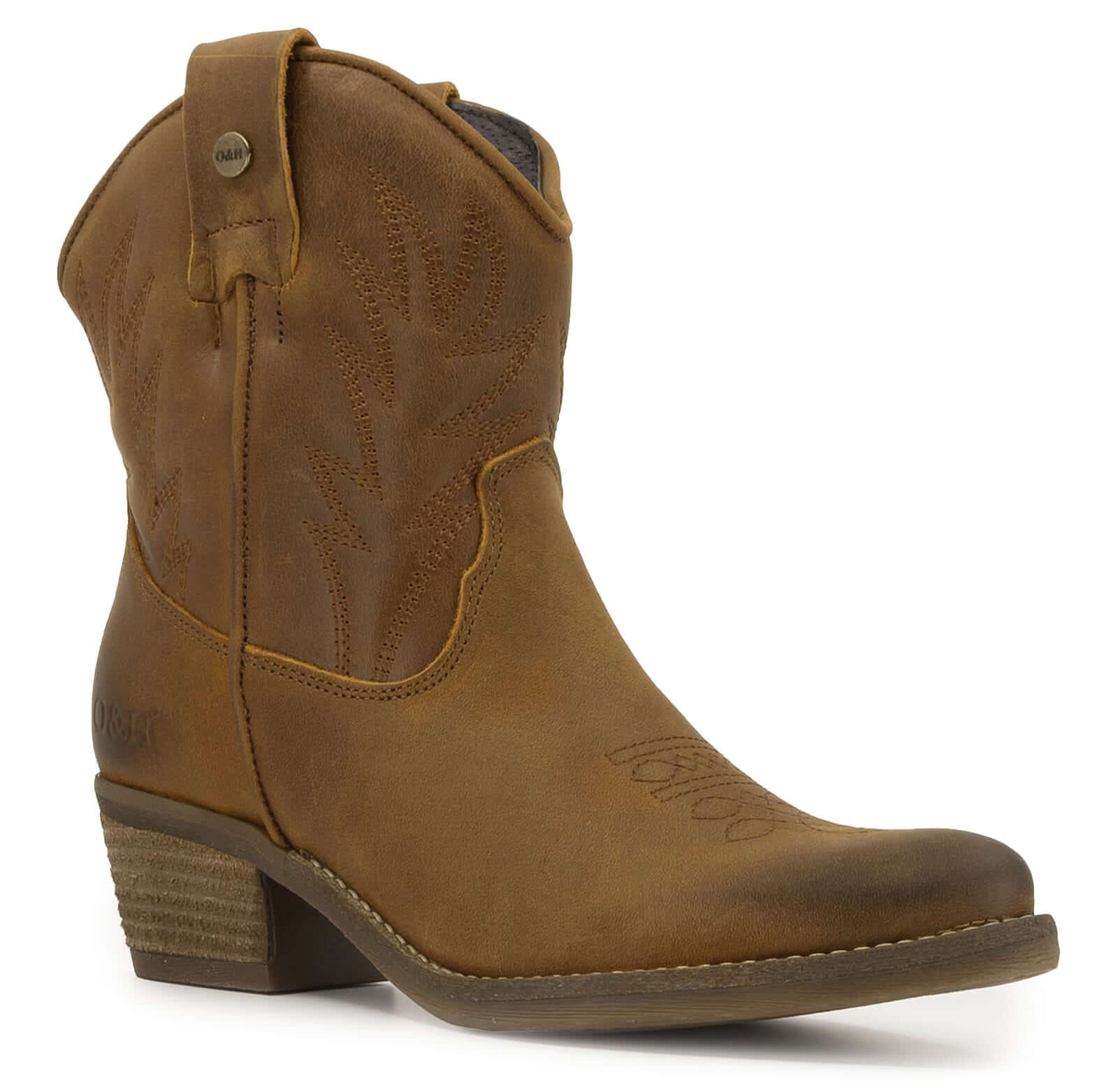 view of texan ankle boots in tan from the side showing toe and stitching