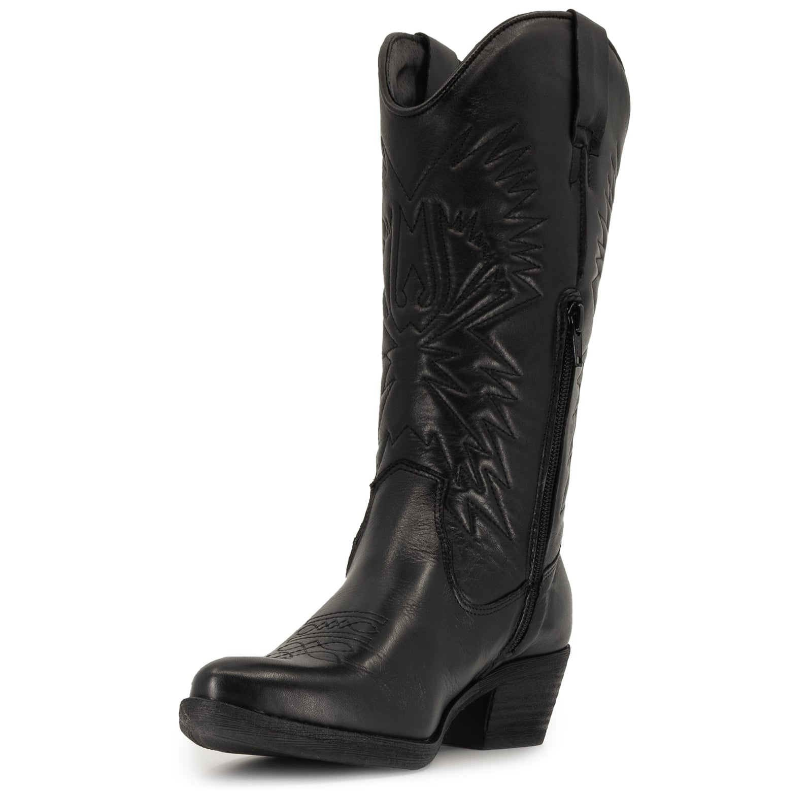 angled inside view partially showing inside half zip on texan hi cowboy boots in black