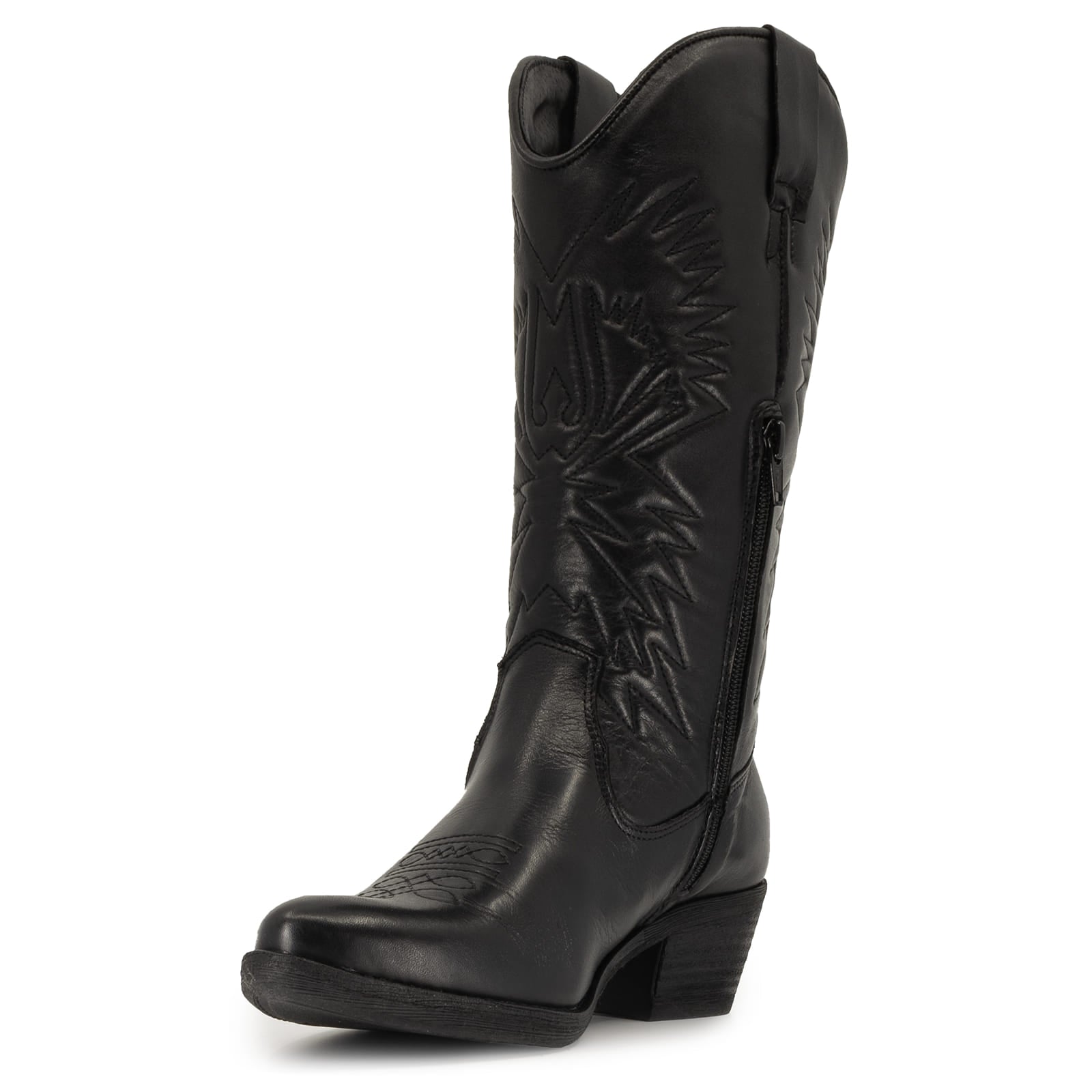 angled inside view partially showing inside half zip on texan hi cowboy boots in black