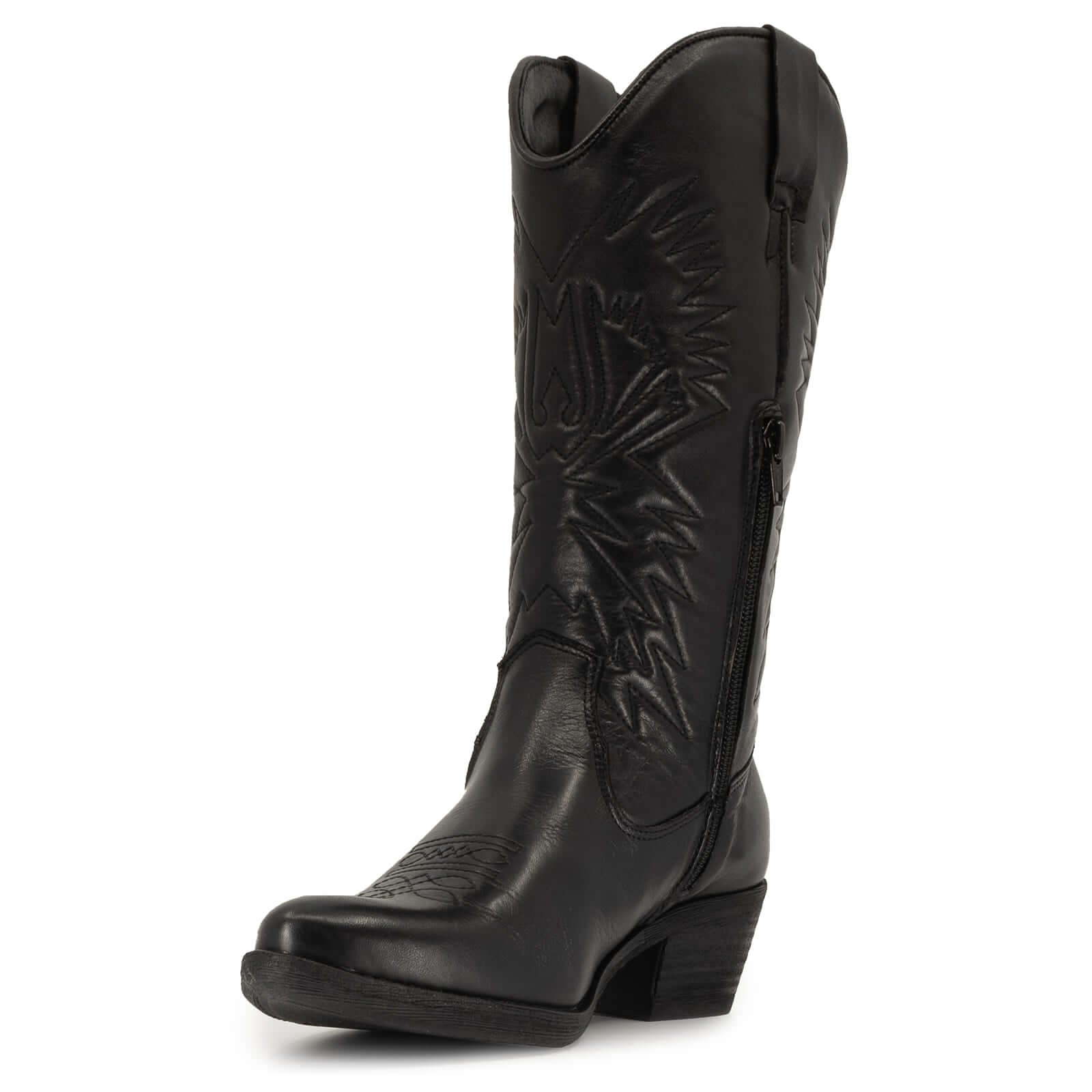 angled inside view partially showing inside half zip on texan hi cowboy boots in black