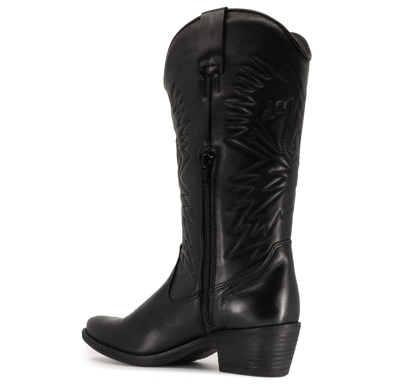 inside angle of texan hi cowboy boots in black showing block heel and stitching