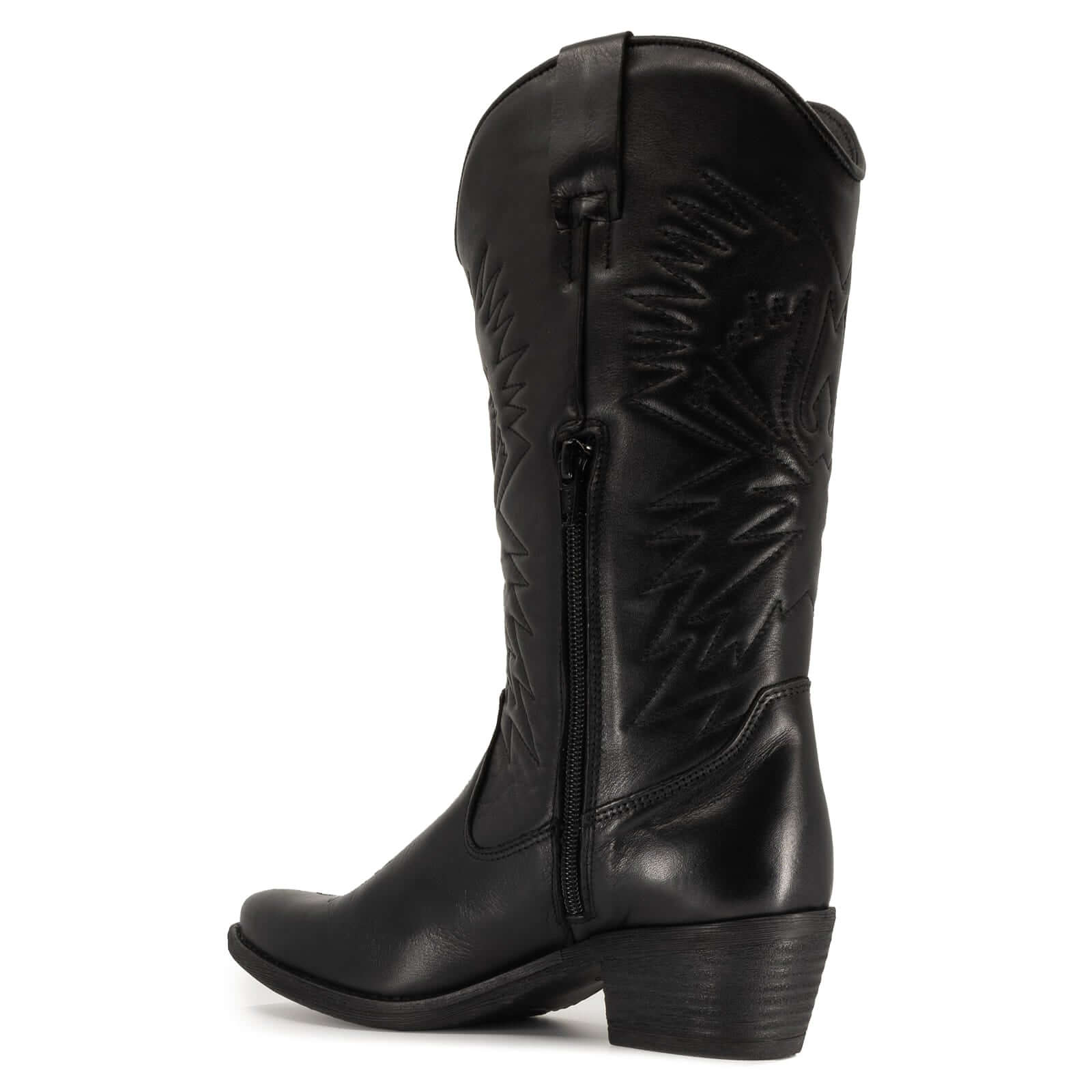 inside angle of texan hi cowboy boots in black showing block heel and stitching
