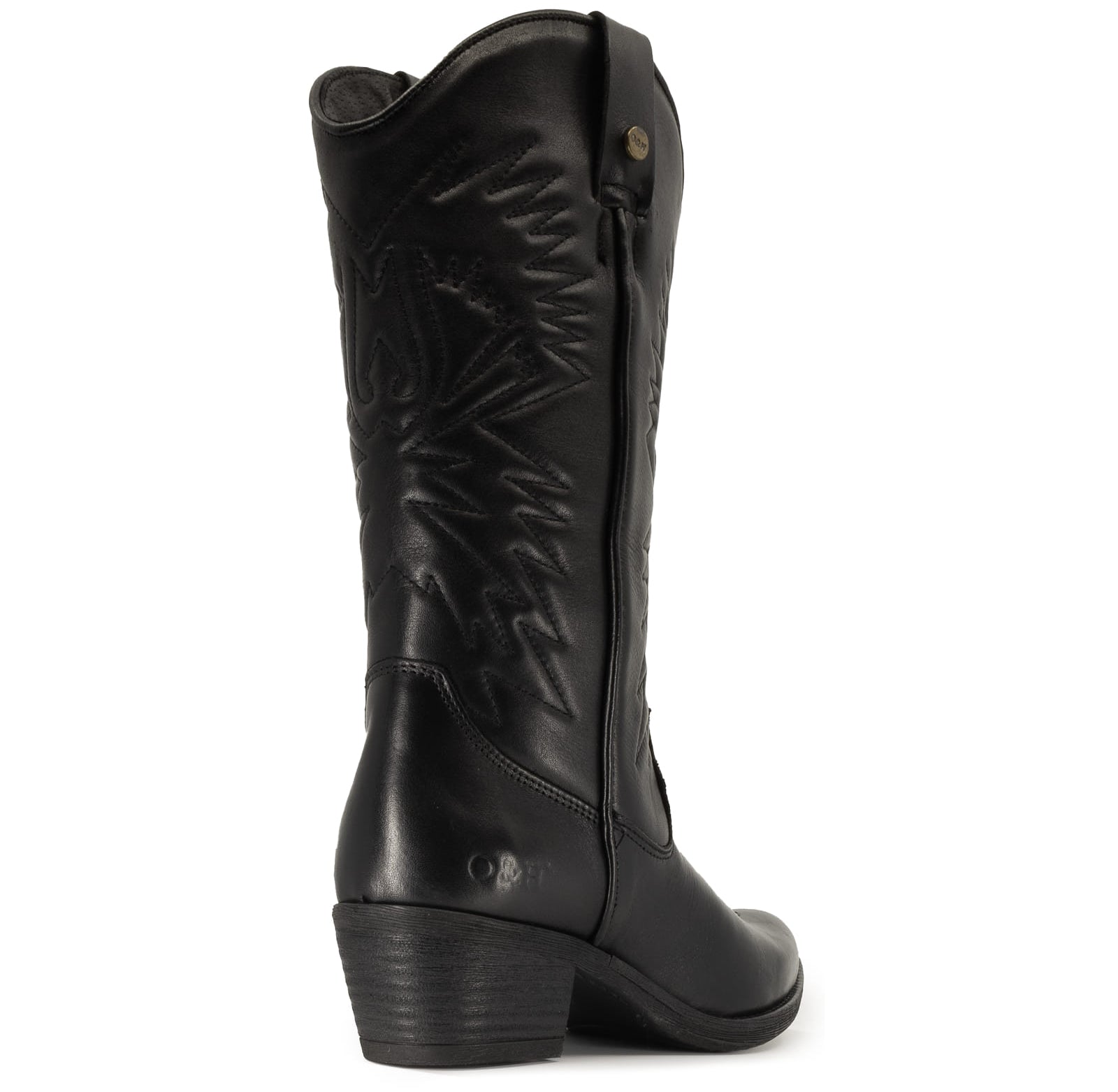 rear view of texan hi cowboy boots in black showing block heel detail and O&H branding