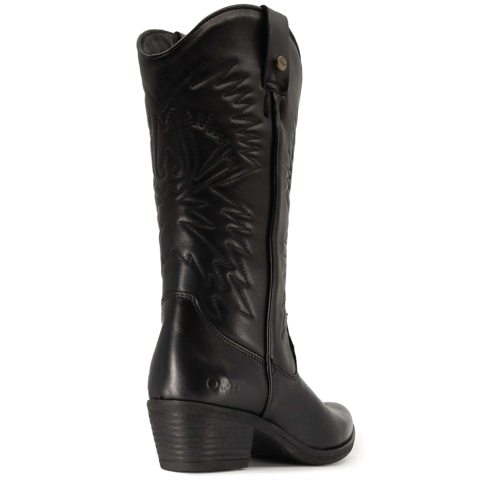 rear view of texan hi cowboy boots in black showing block heel detail and O&H branding