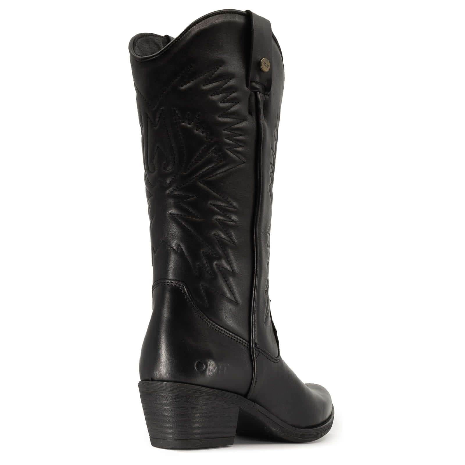 rear view of texan hi cowboy boots in black showing block heel detail and O&H branding