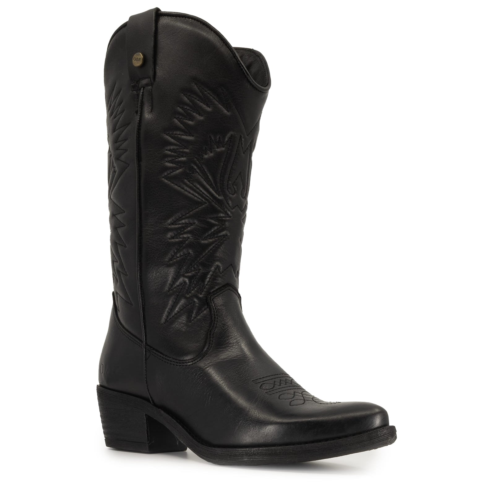 angled view of texan hi boots in black showing pointed toe and stitch detailing