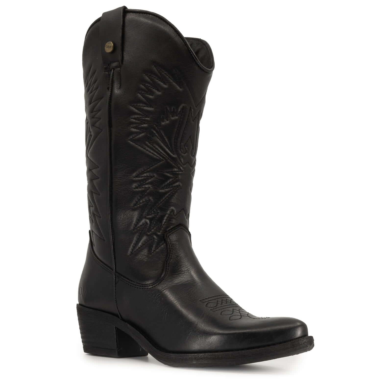 angled view of texan hi boots in black showing pointed toe and stitch detailing