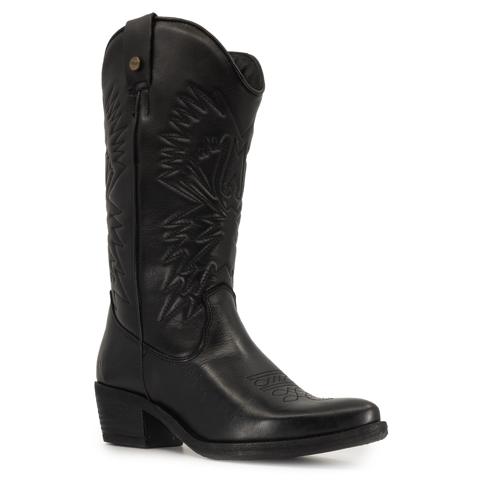 angled view of texan hi boots in black showing pointed toe and stitch detailing