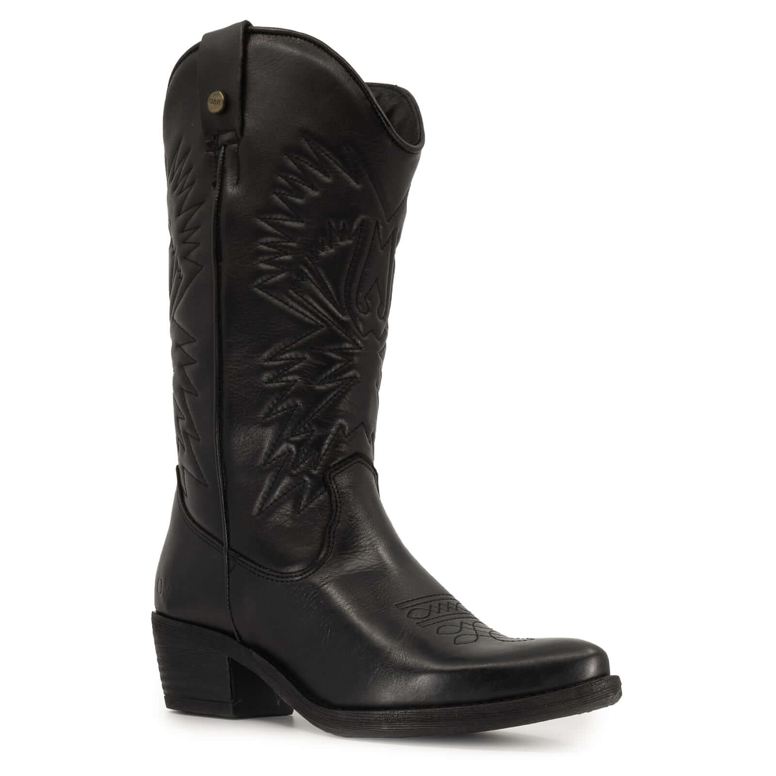 angled view of texan hi boots in black showing pointed toe and stitch detailing