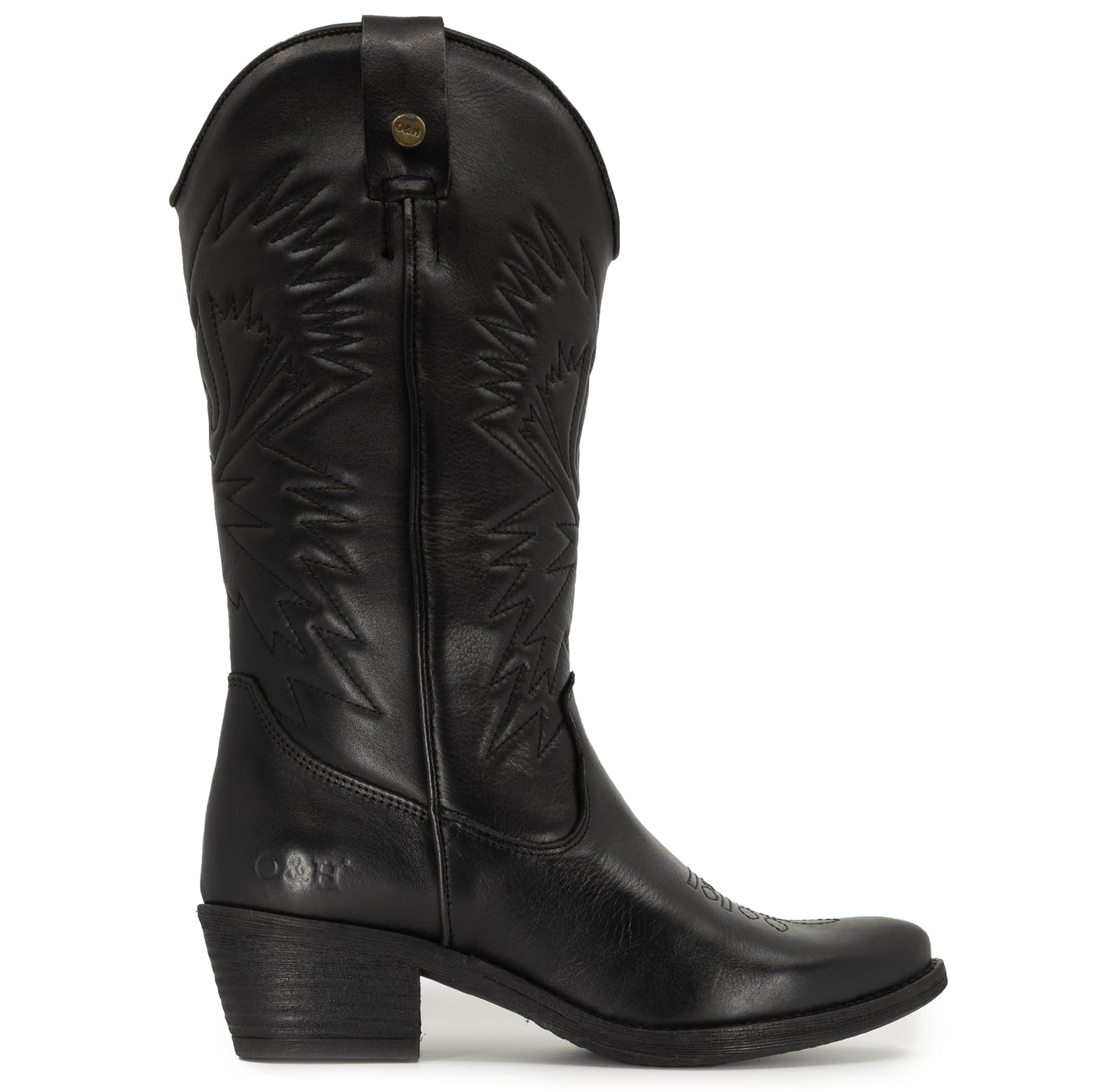 side view of texan hi cowboy boots showing stitch detail and black leather upper