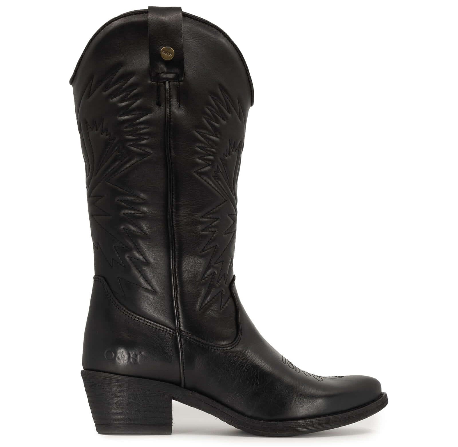 side view of texan hi cowboy boots showing stitch detail and black leather upper