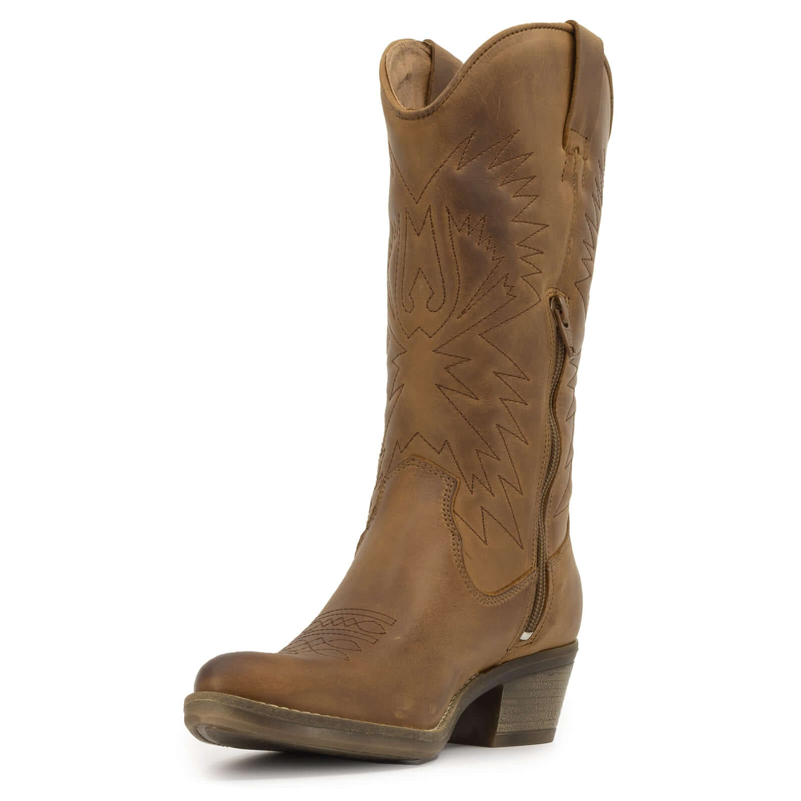 Brown leather cowboy boot with stitched detailing, zip, and block heel