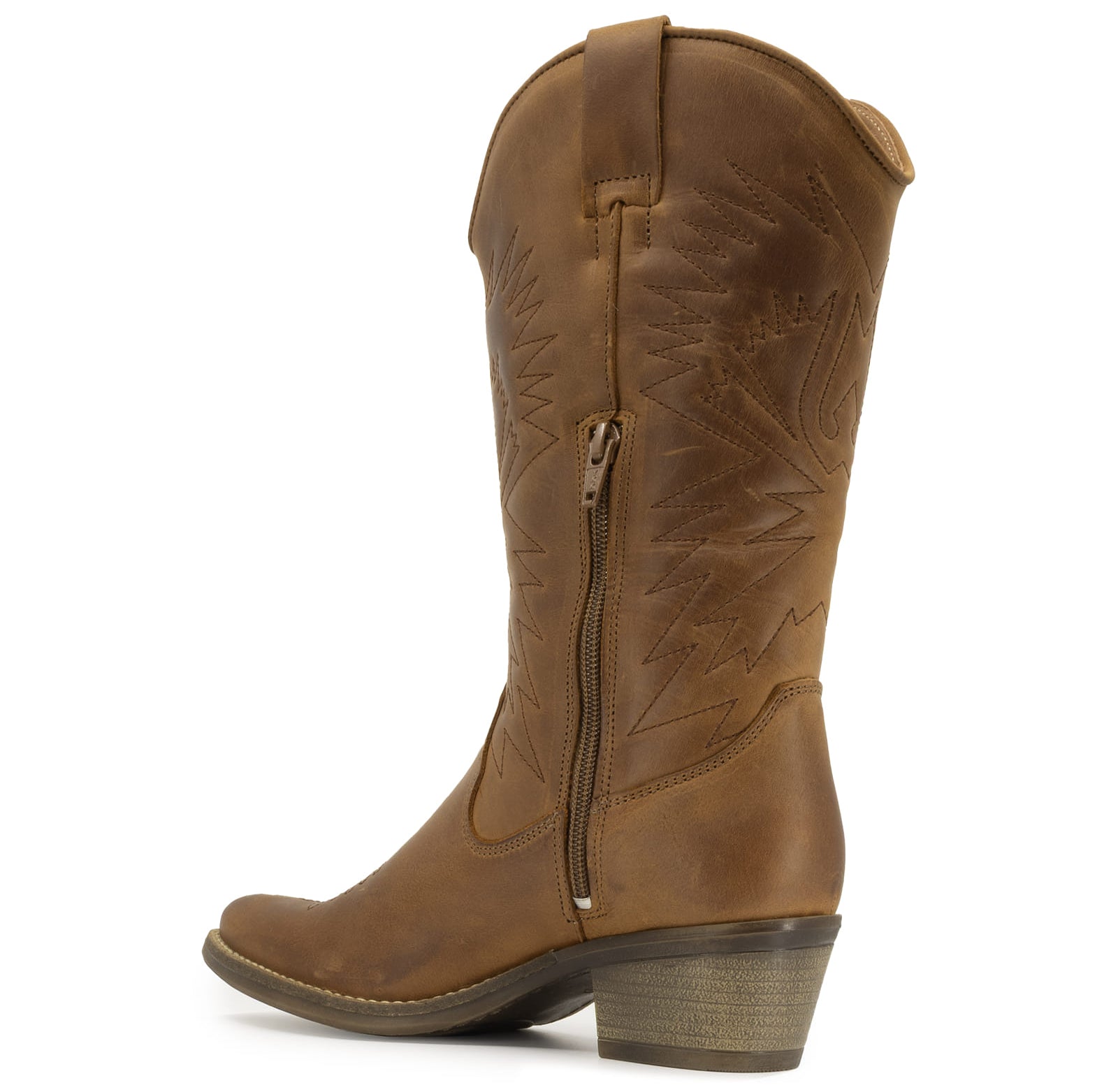 inside view of brown leather cowboy boots showing inside half zip