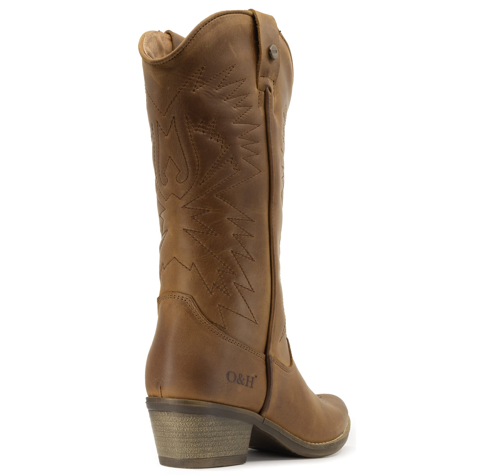 Rear view of brown leather cowboy boots with stitched detailing and block heel