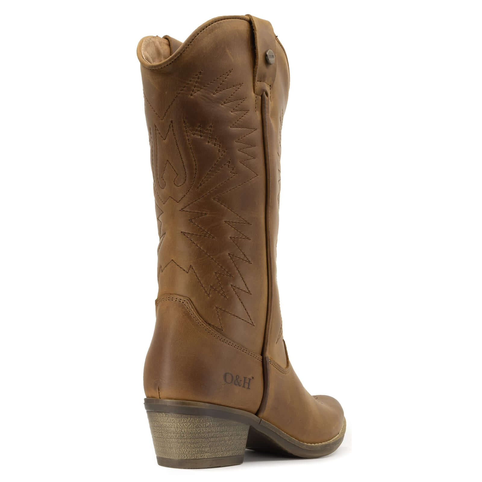 Rear view of brown leather cowboy boots with stitched detailing and block heel