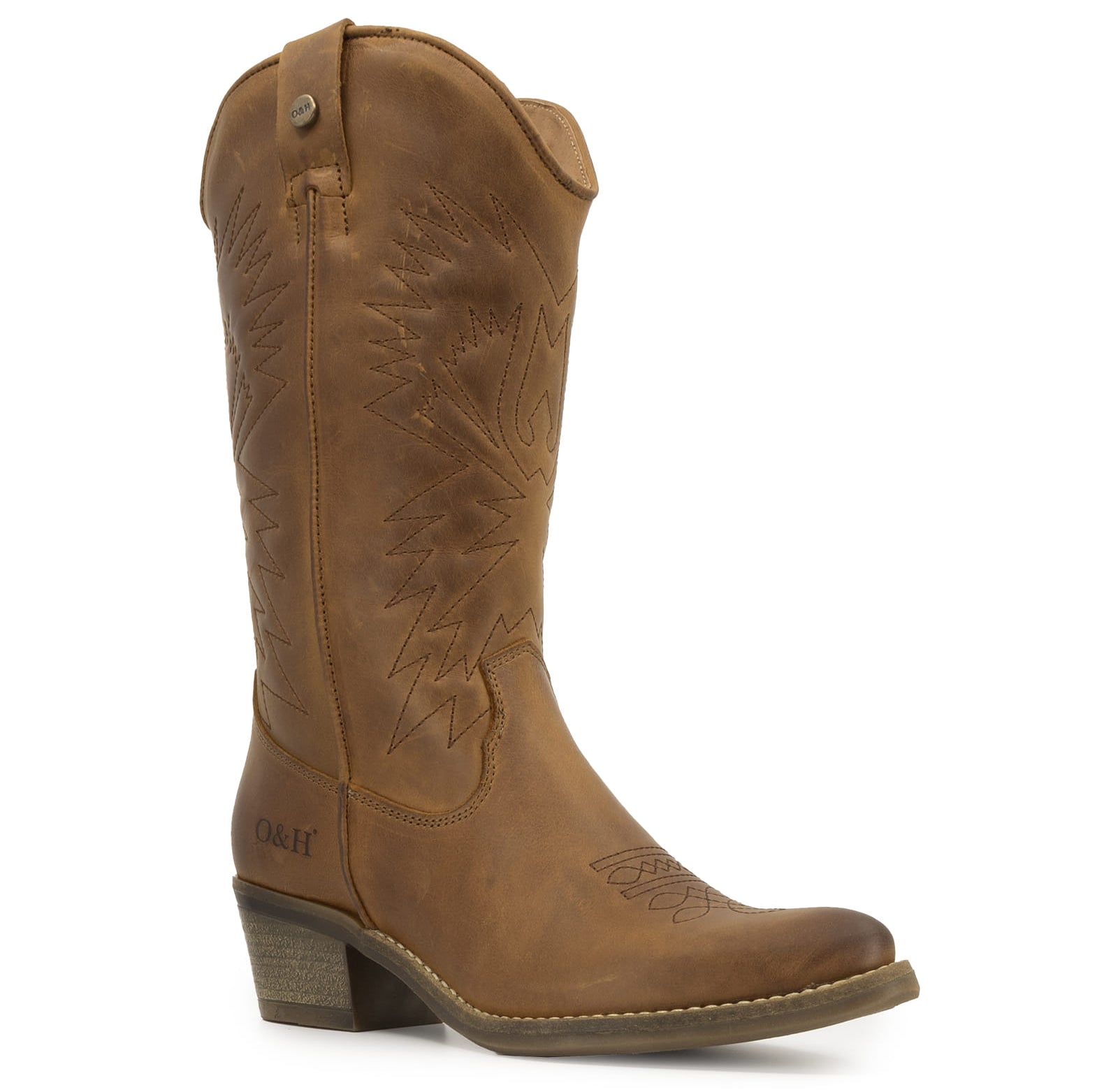 Brown leather cowboy boot with stitched detailing and block heel