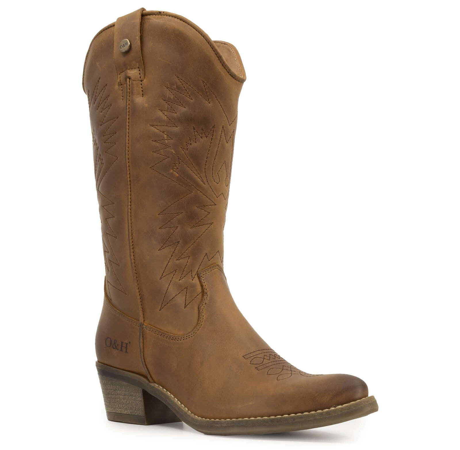 Brown leather cowboy boot with stitched detailing and block heel