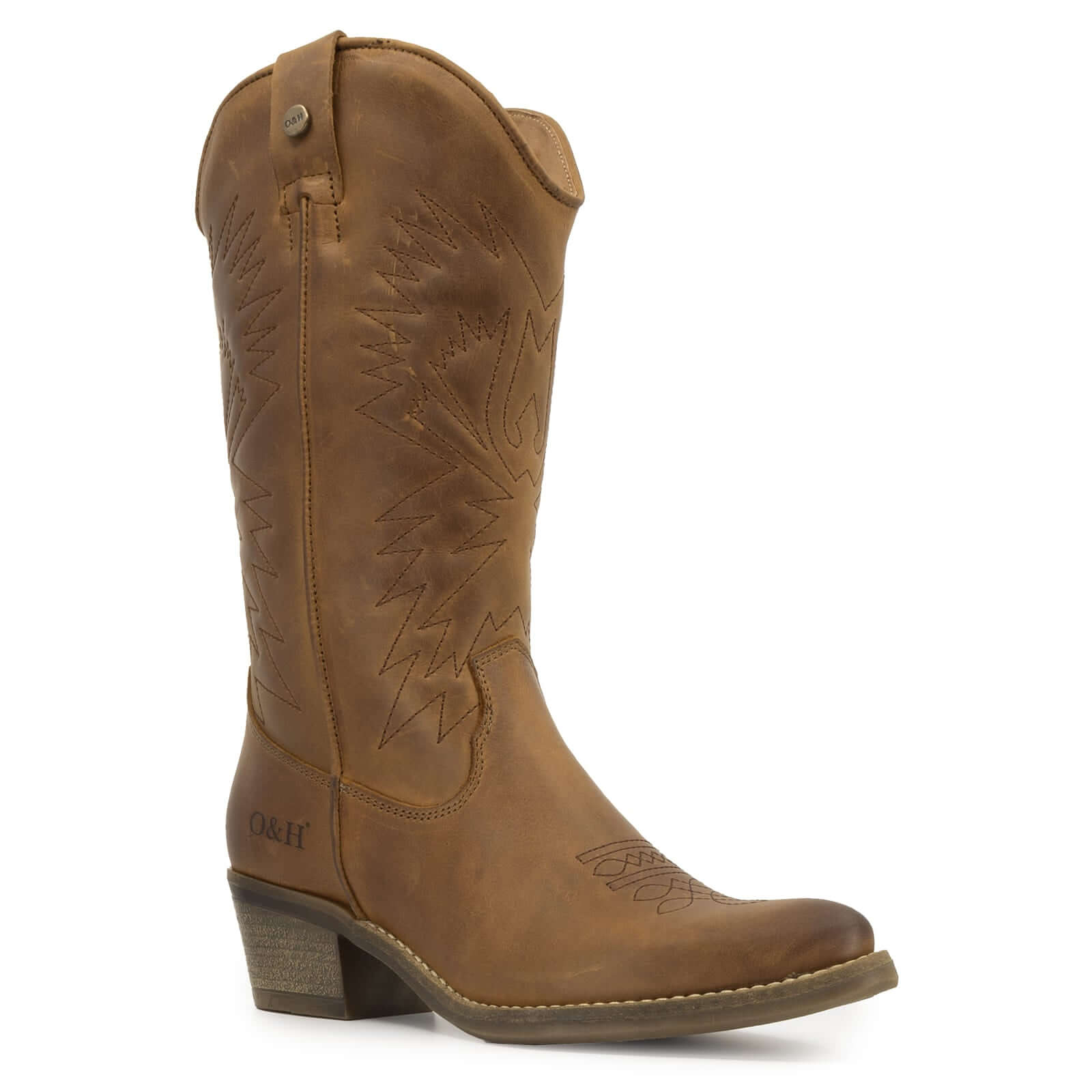 Brown leather cowboy boot with stitched detailing and block heel