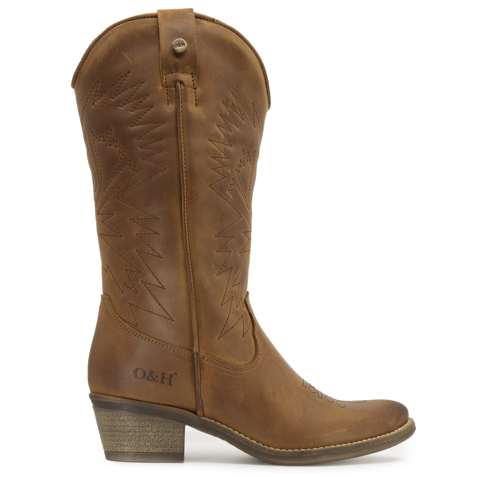 Side view of brown leather cowboy boots with stitched detailing and block heel