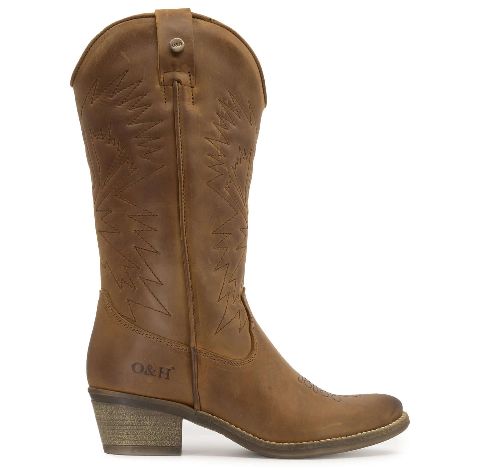 Side view of brown leather cowboy boots with stitched detailing and block heel