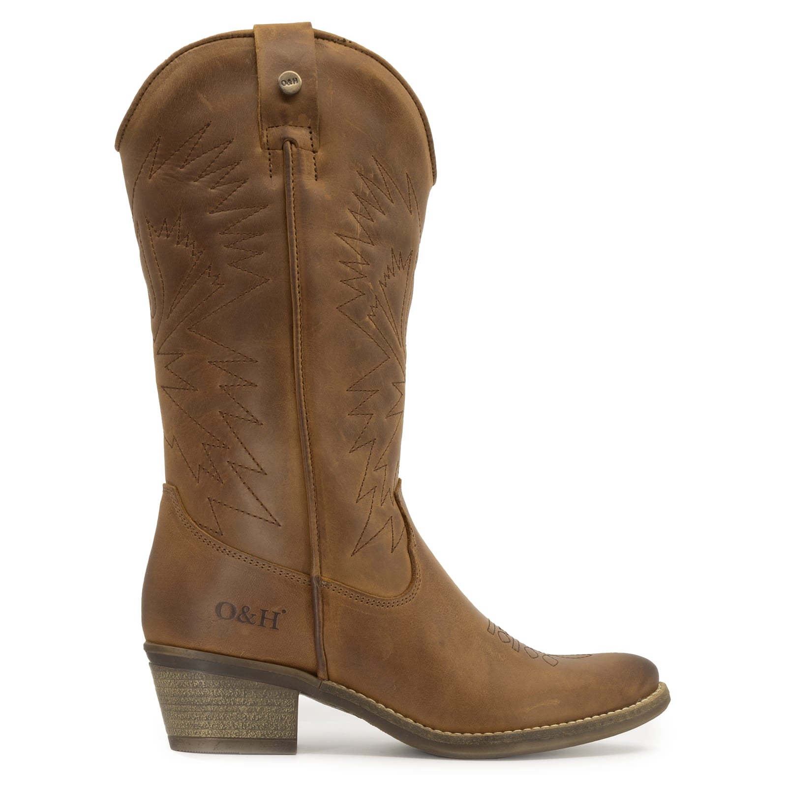 Side view of brown leather cowboy boots with stitched detailing and block heel