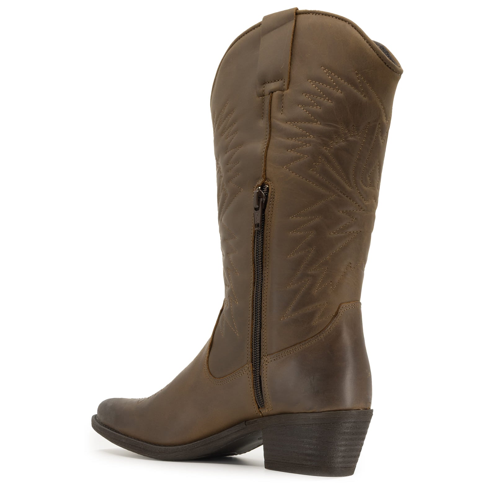 full inside view of texan hi cowboy boots in brown showing inside half zip entry