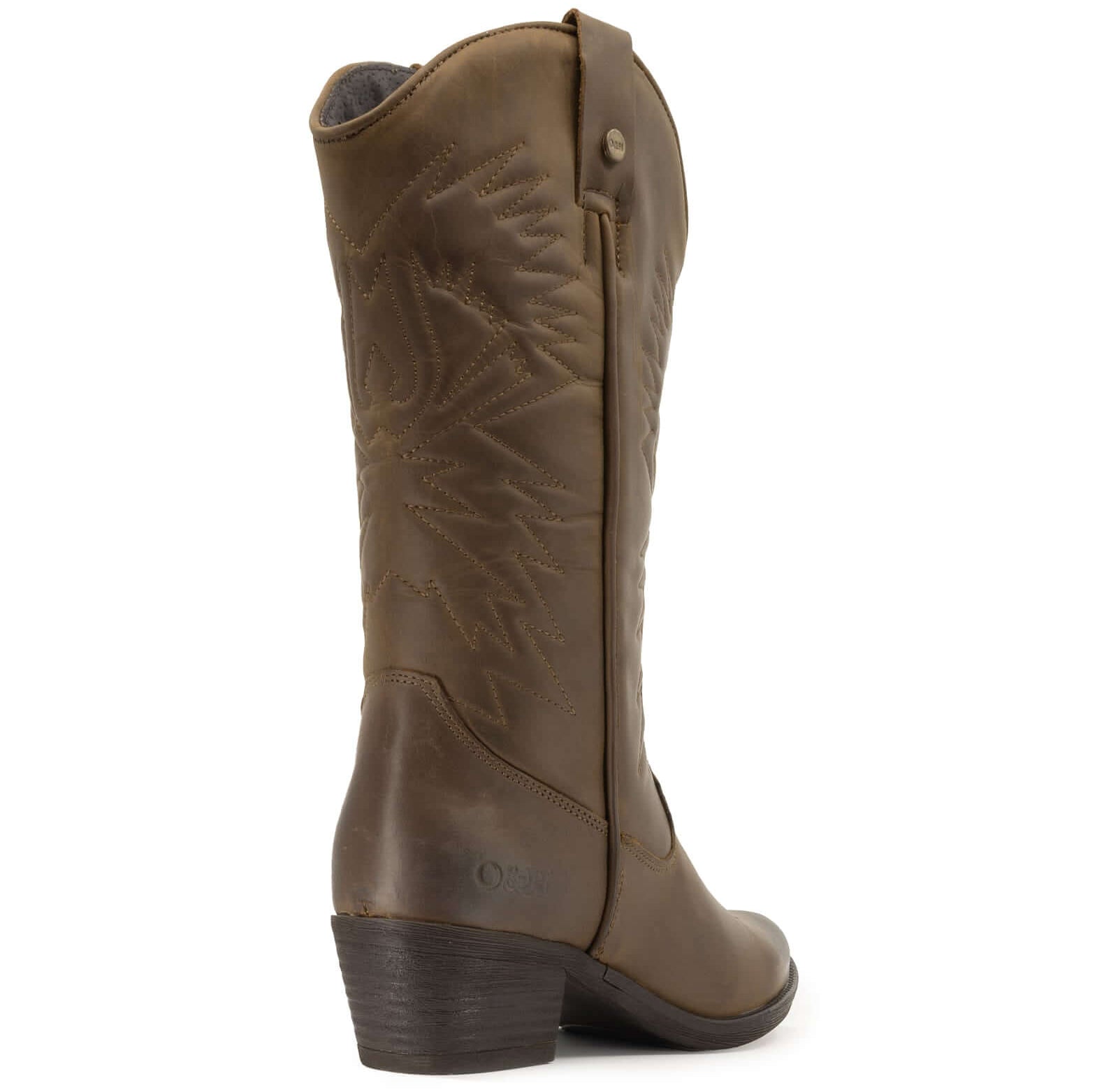 rear view of texan hi cowboy boots in brown showing block heel and O&H branding