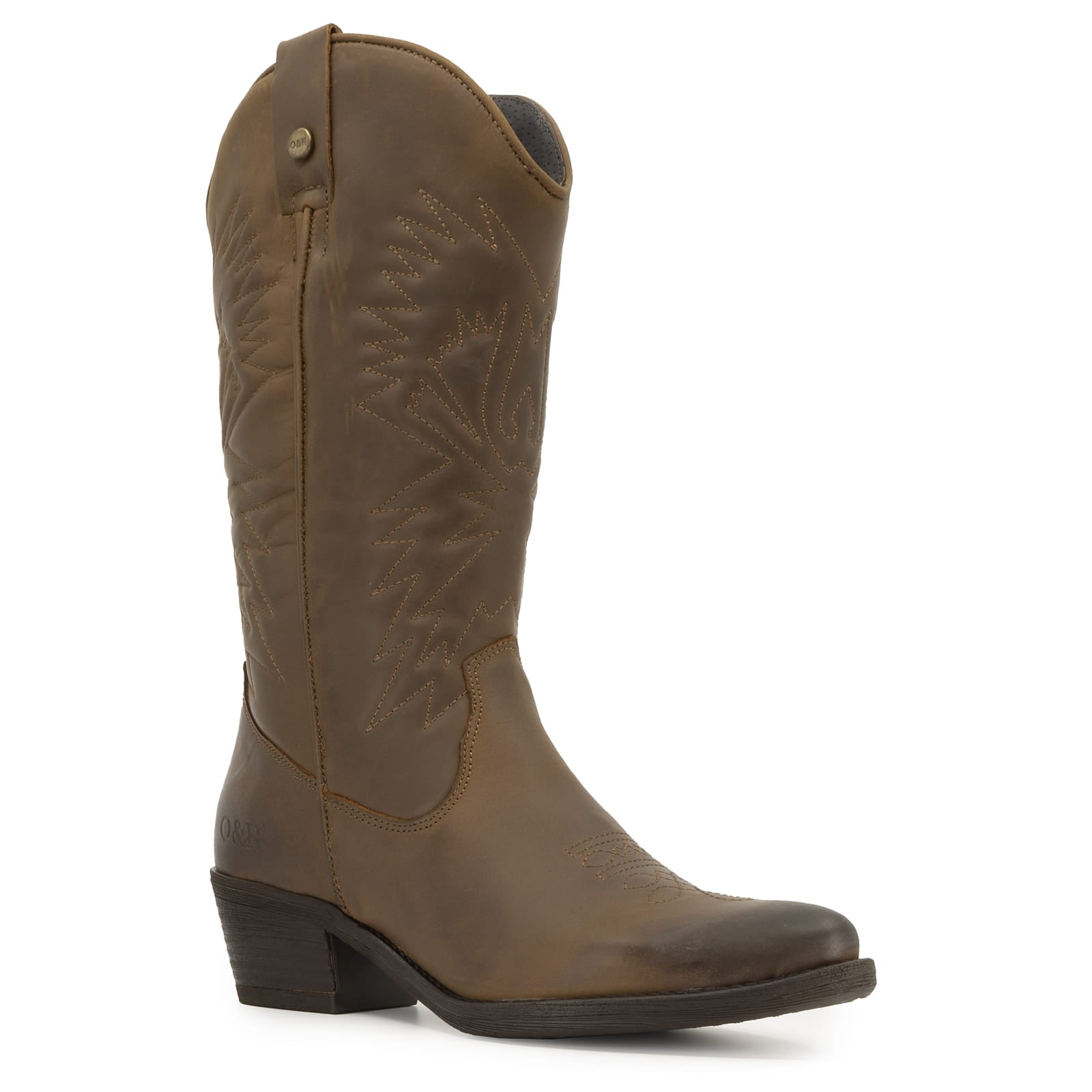 angled view of texan hi cowboy boots showing toe shape on white background