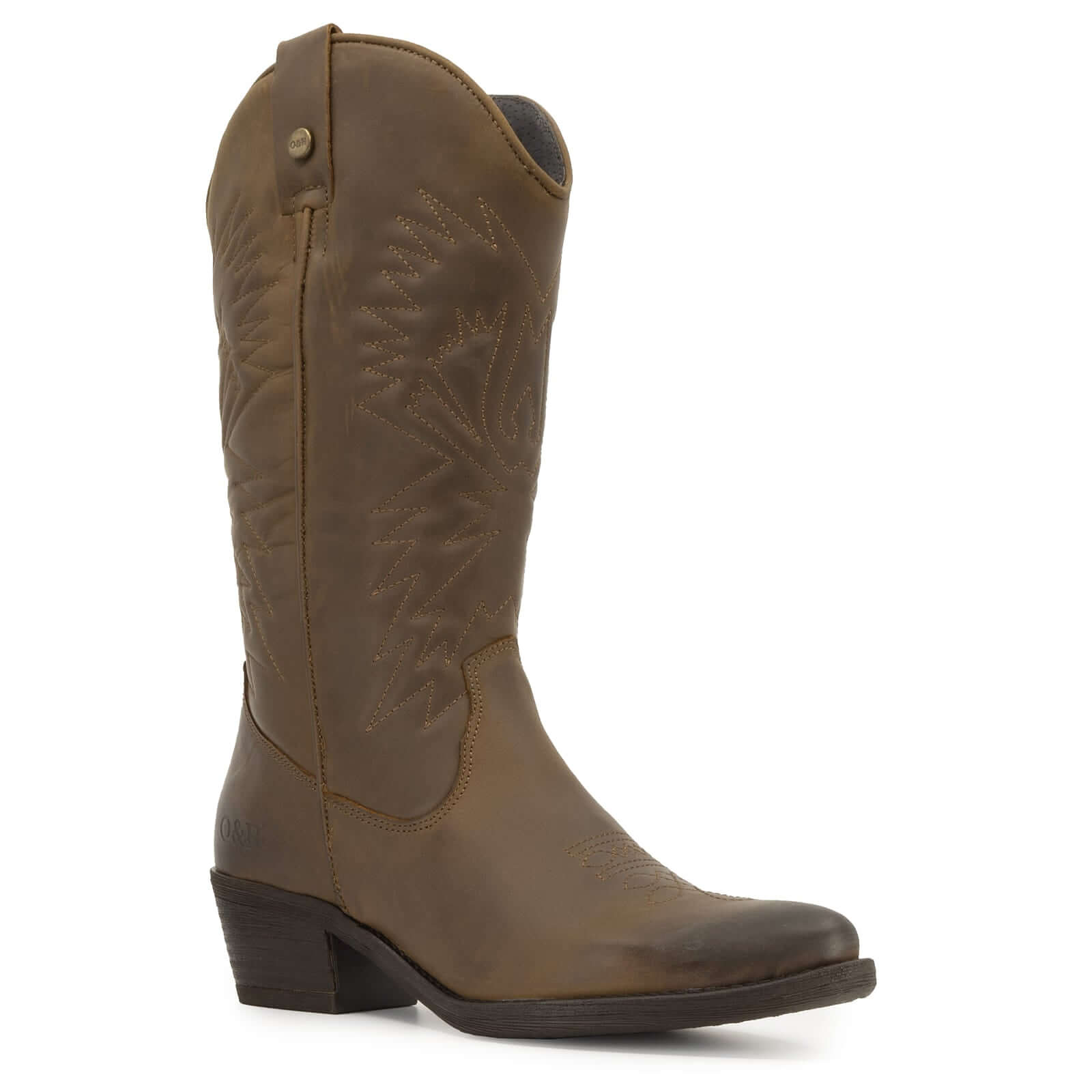 angled view of texan hi cowboy boots showing toe shape on white background