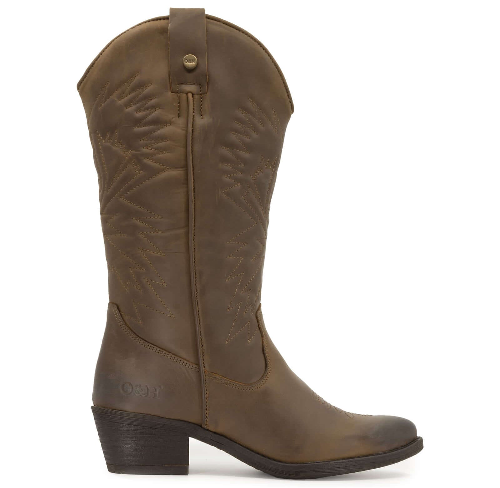 side view of texan hi cowboy boots in brown showing branding and stitch detail