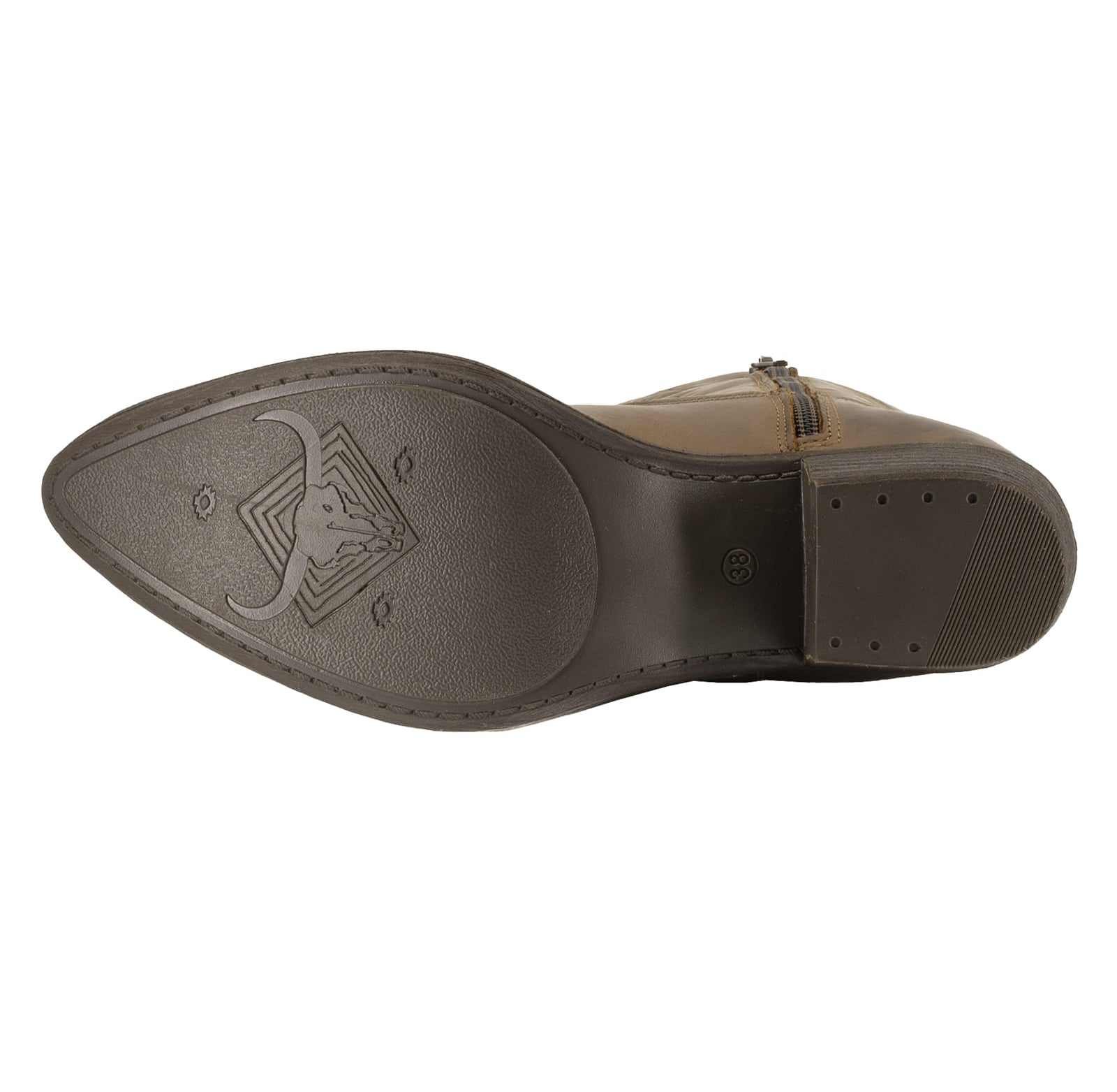outsole of texan hi cowboy boots in brown showing tread pattern